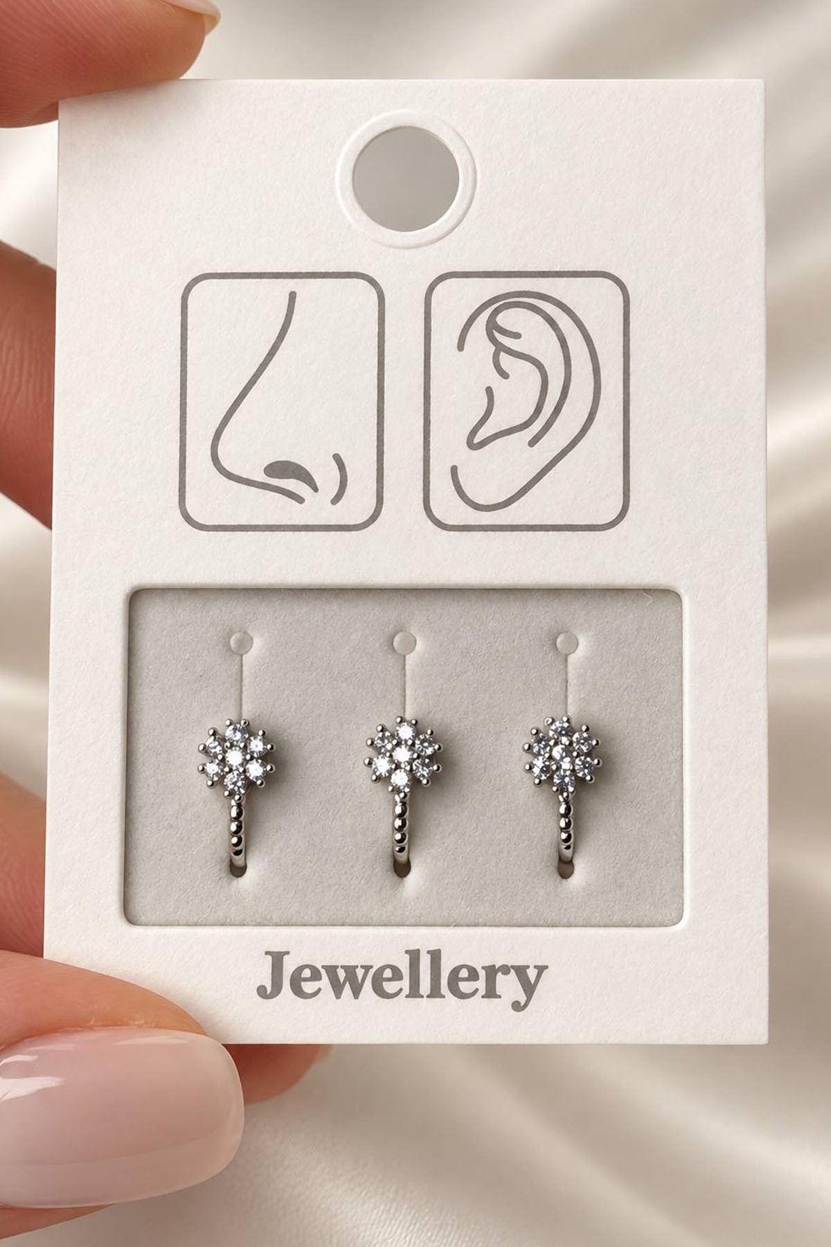 Gümüş Renk Çiçek Figürlü Deliksiz Kulak/Burun 3'lü Piercing Set