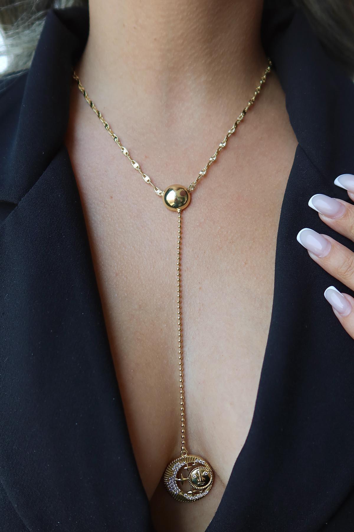 Altın Renk Ay Ve Yıldız Figürlü Taş Detaylı Y Kolye