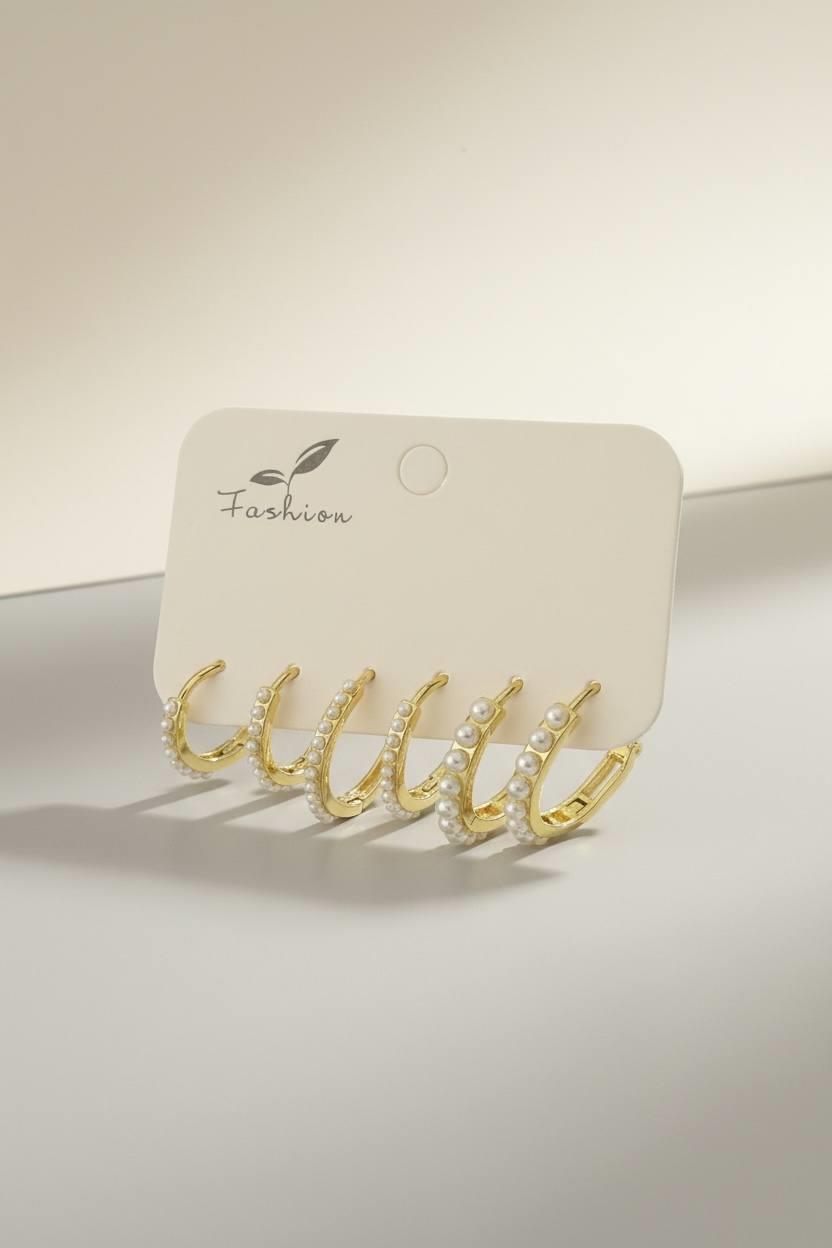 Altın Renk 6'lı İnci Detaylı Halka Set Küpe