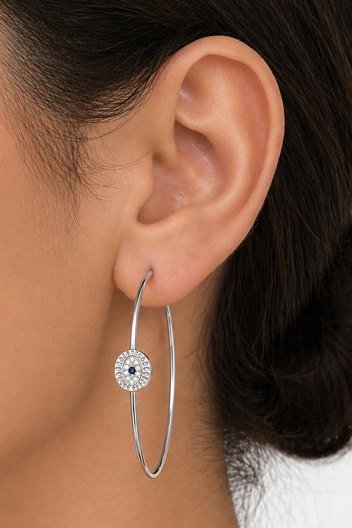 Gümüş Renk Göz Figürlü Taş Detaylı 14K Altın Kaplama Halka Küpe (Çift)