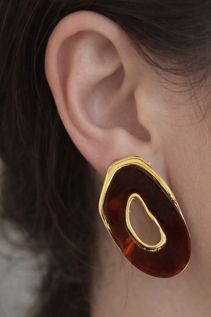 Altın Ve Kahve Renk Taş Detaylı Küpe (Çift)