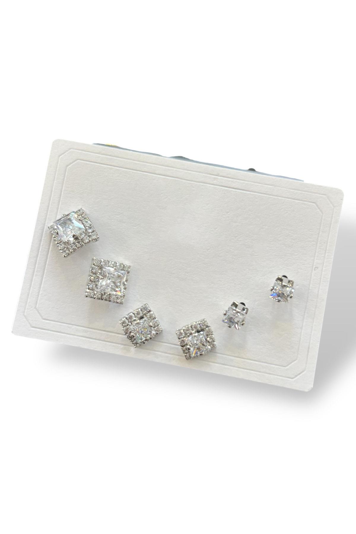 6'lı Gümüş Renk Taş Detaylı 14k Altın Kaplama Küpe Set