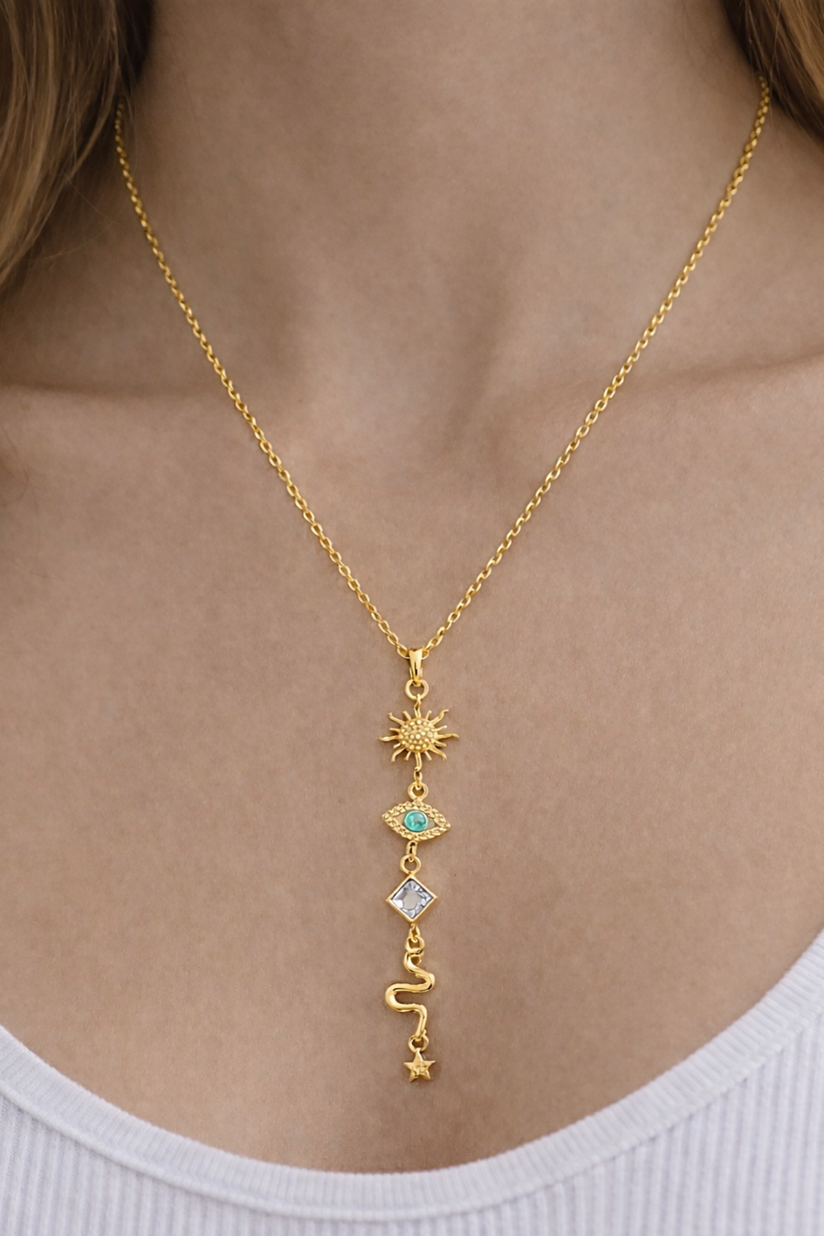 Altın Renk Taş Detaylı Y Kolye