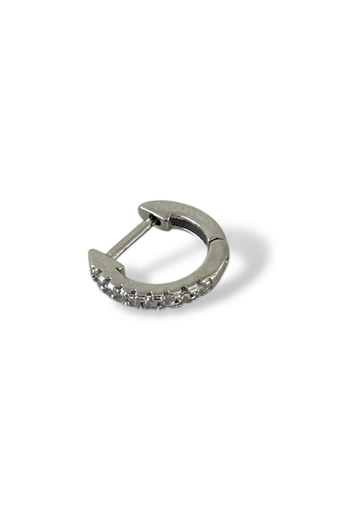 Gümüş Renk Taş Detaylı Çelik Halka Tragus/Kıkırdak Küpe/Piercing (Tek)