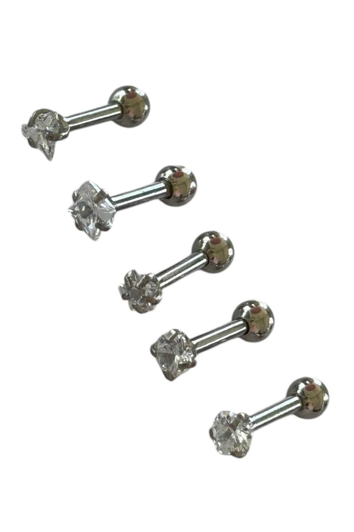 Gümüş Renk 5'li Taş Detaylı Cerrahi Çelik Tragus/Kıkırdak Küpe/Piercing