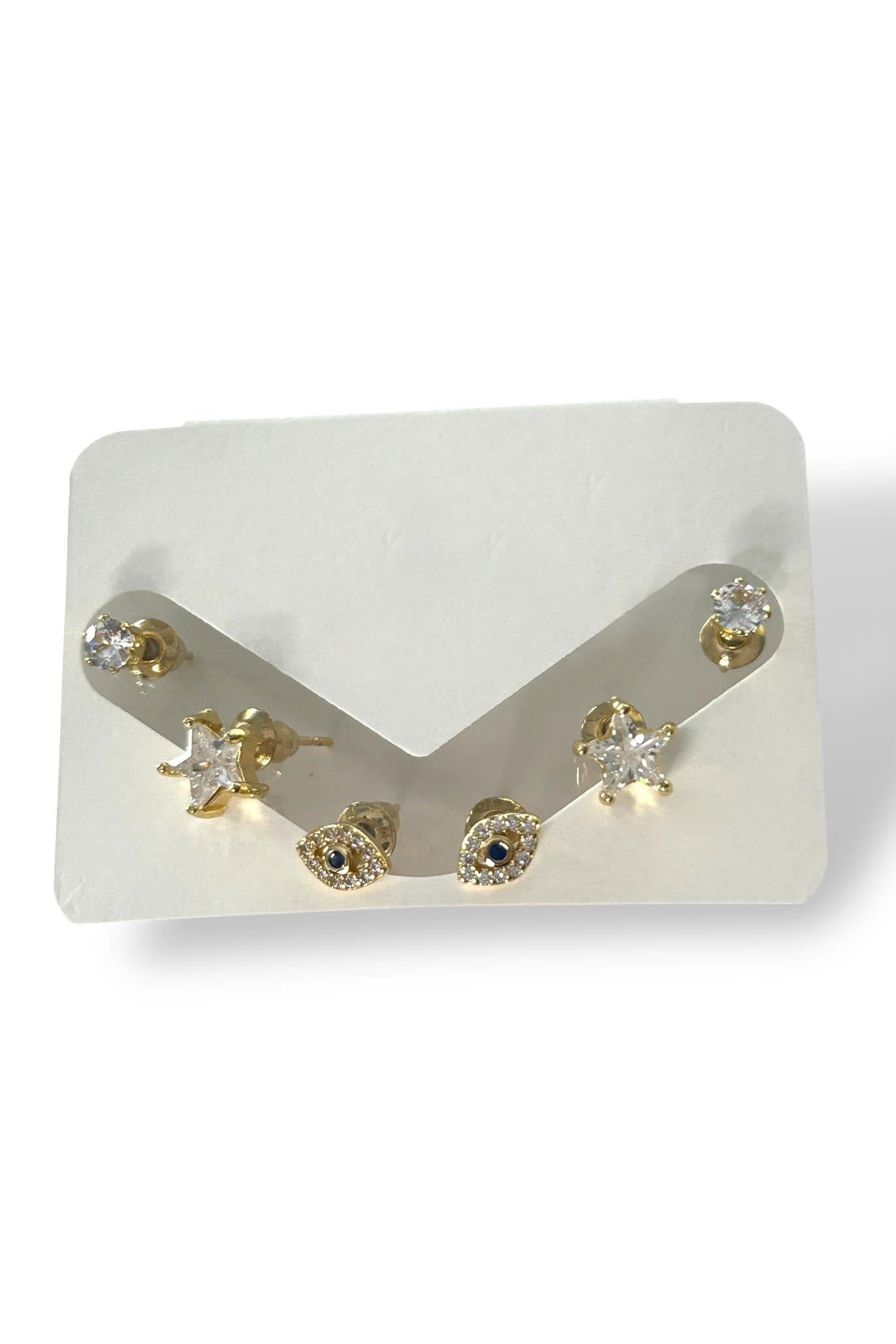 Altın Renk Taş Detaylı 6'lı Küpe Set