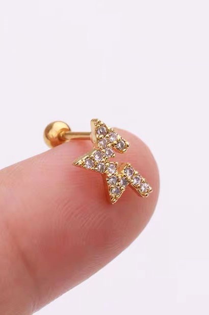Altın Renk Yıldız Figürlü Taşlı Cerrahi Çelik Tragus/Kıkırdak Küpe/Piercing (Tek)