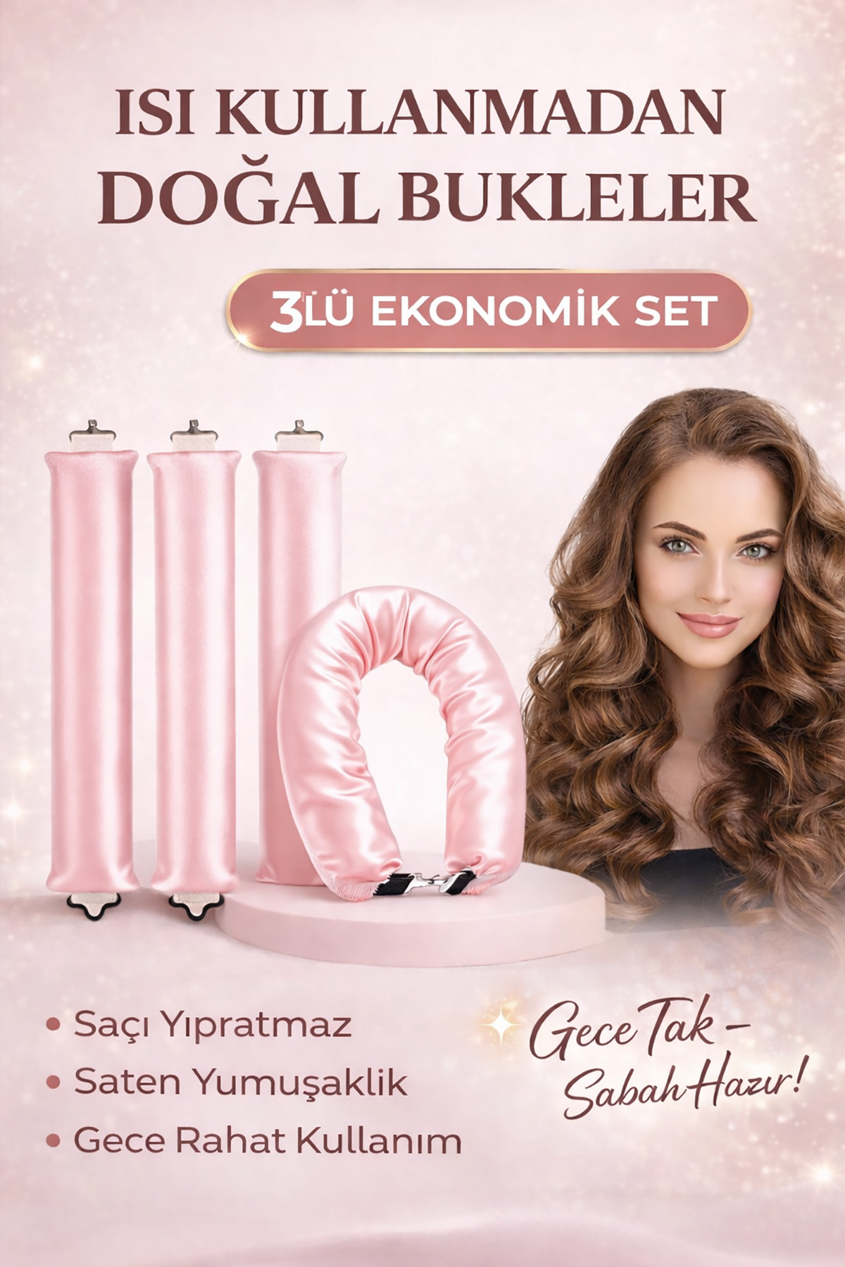 Pembe Renk Isısız Saç Şekillendirici Saten Saç Sosisi 