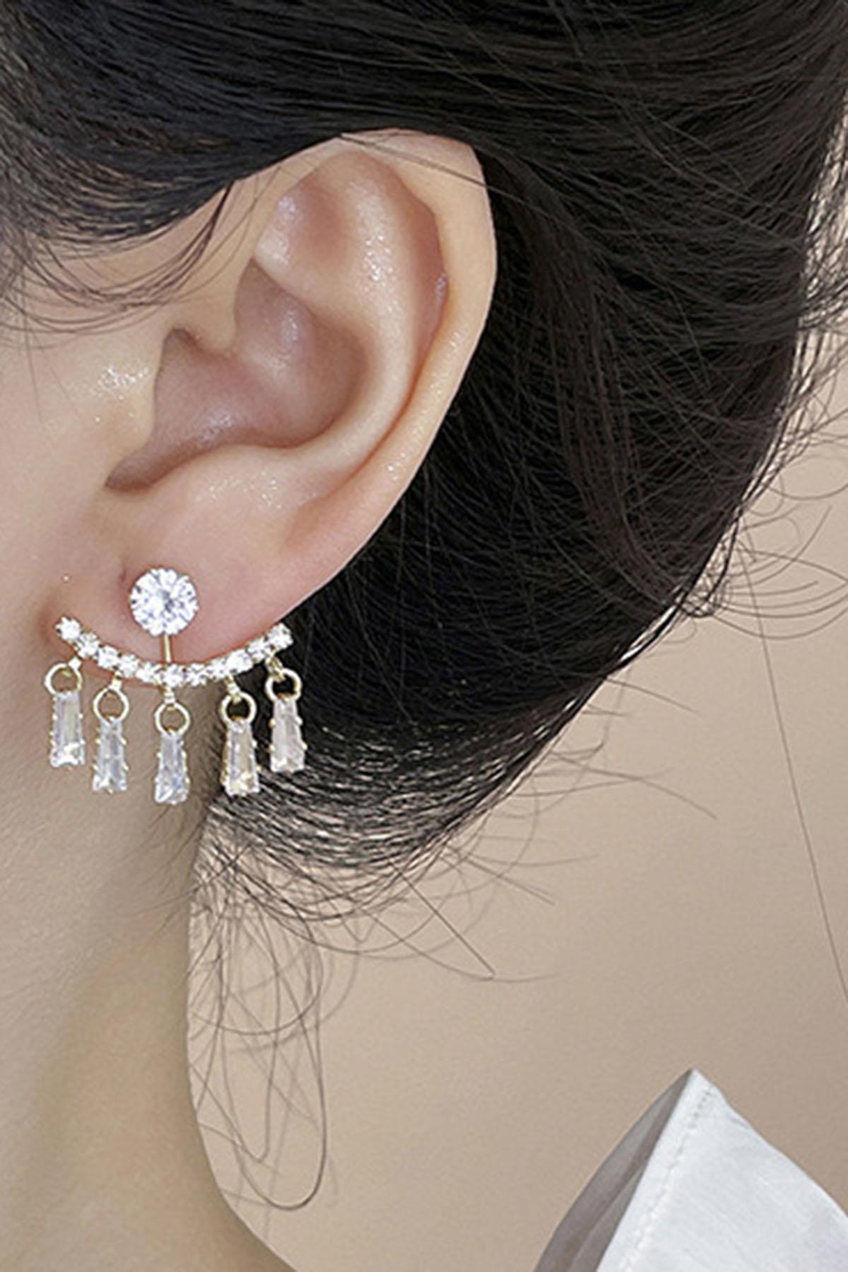 Altın Renk Taş Detaylı Küpe (Çift)