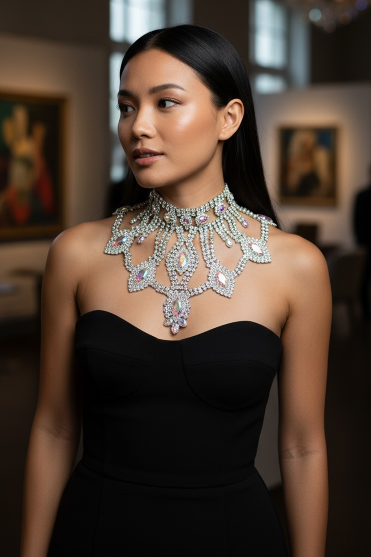 Gümüş Renk Hologram Taş Detaylı Tasarım Abiye Kolye