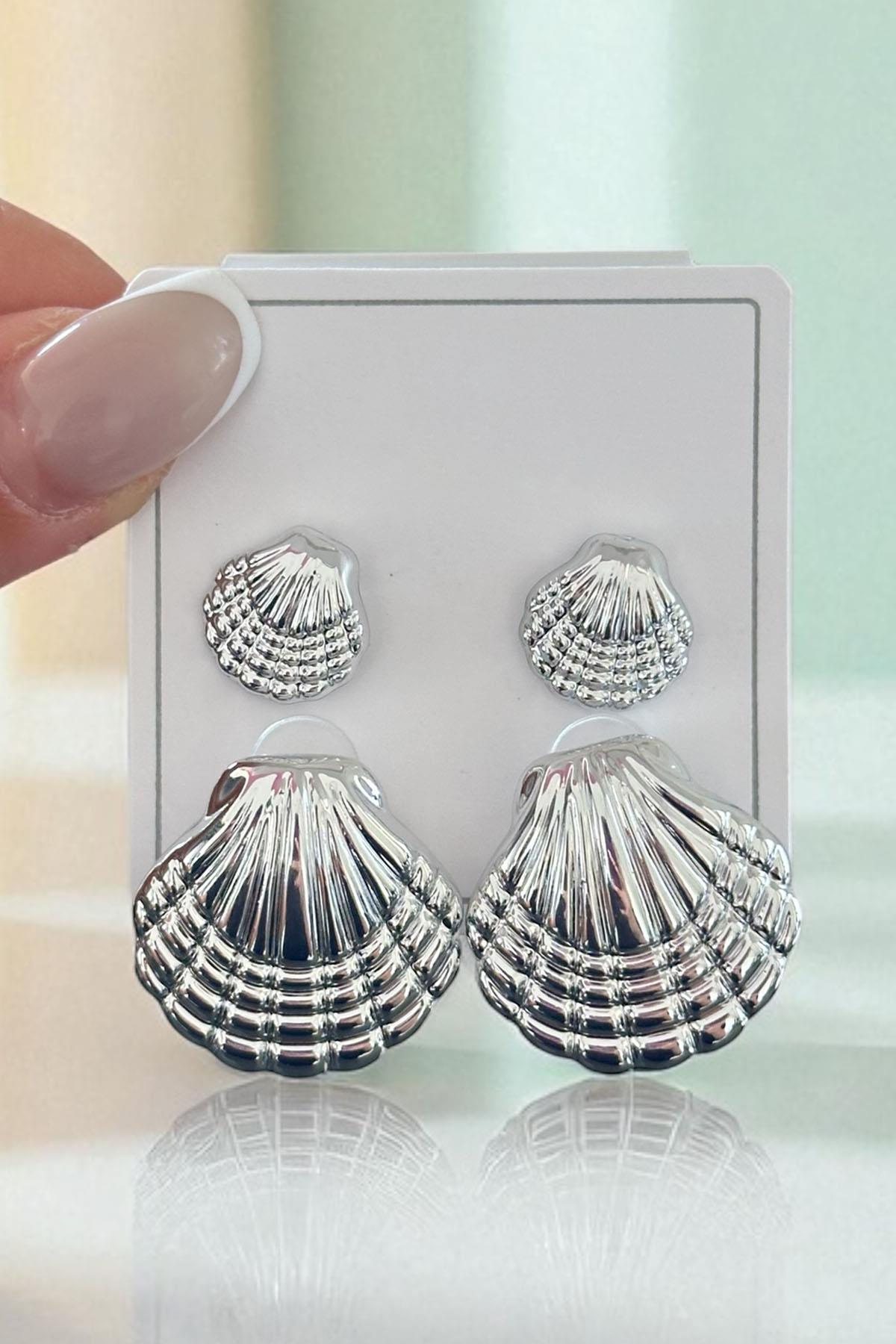 Gümüş Renk Deniz Kabuğu Figürlü Küpe Set