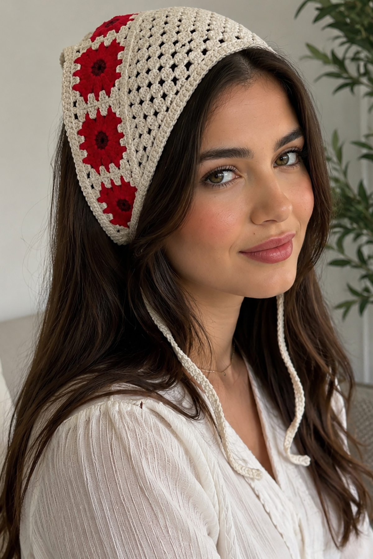 Kırmızı Renk Çiçek Desenli Örgü Saç Bandana