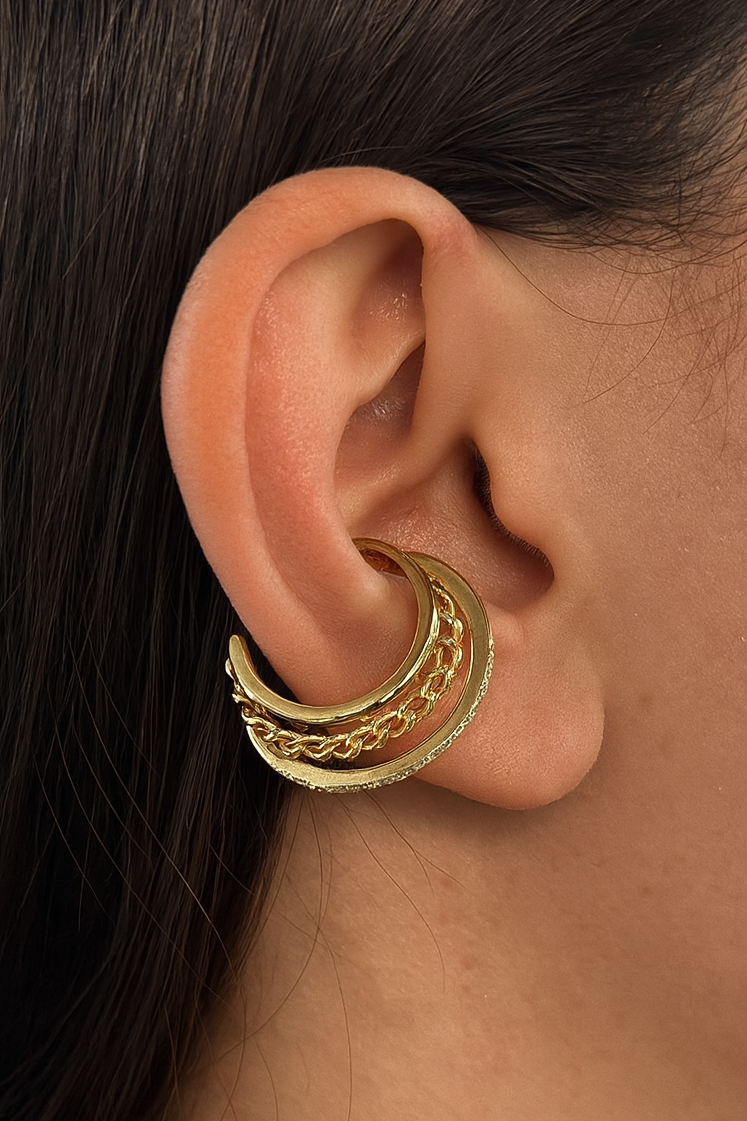 Altın Renk Taş Detaylı 14K Altın Kaplama TX Ear Cuff (Tek)