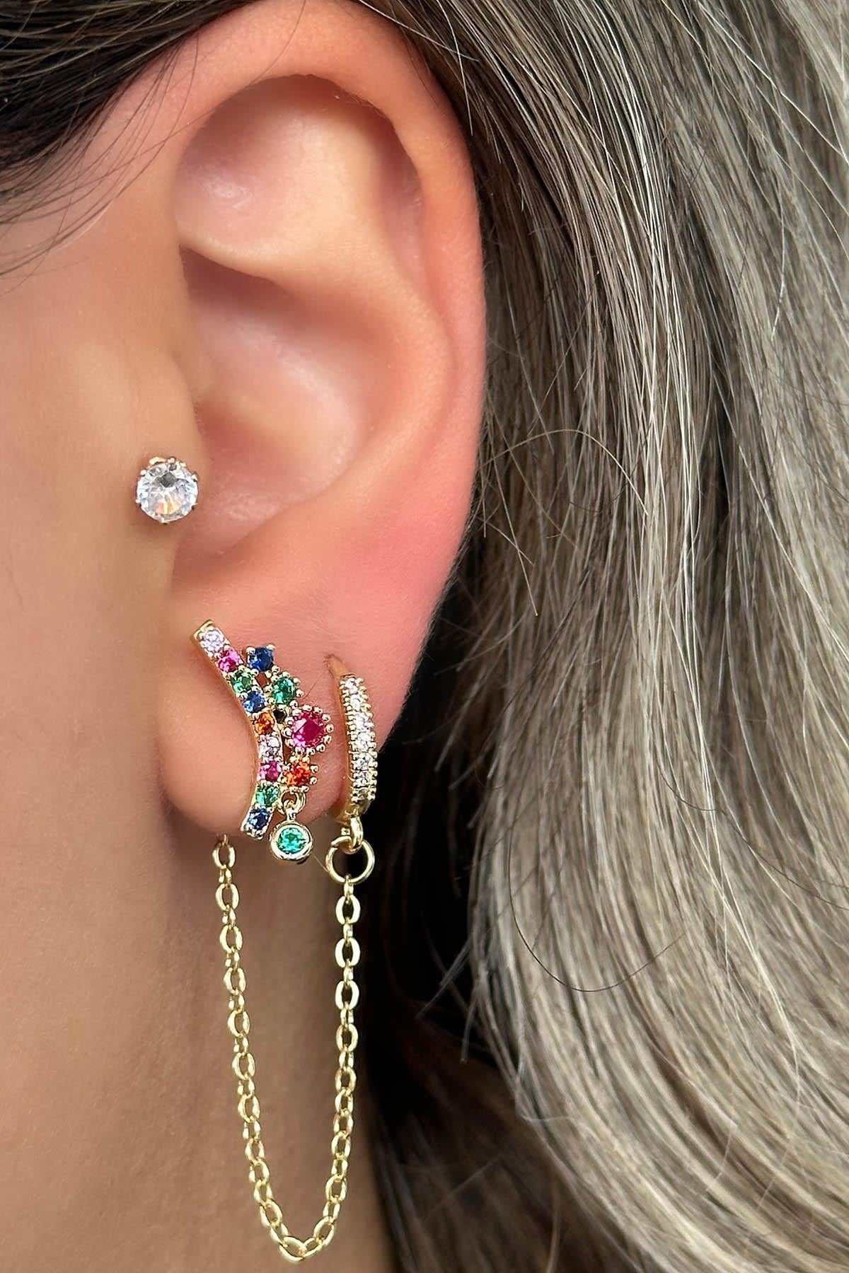 Altın Renk Taş Detaylı 3'lü Küpe Set