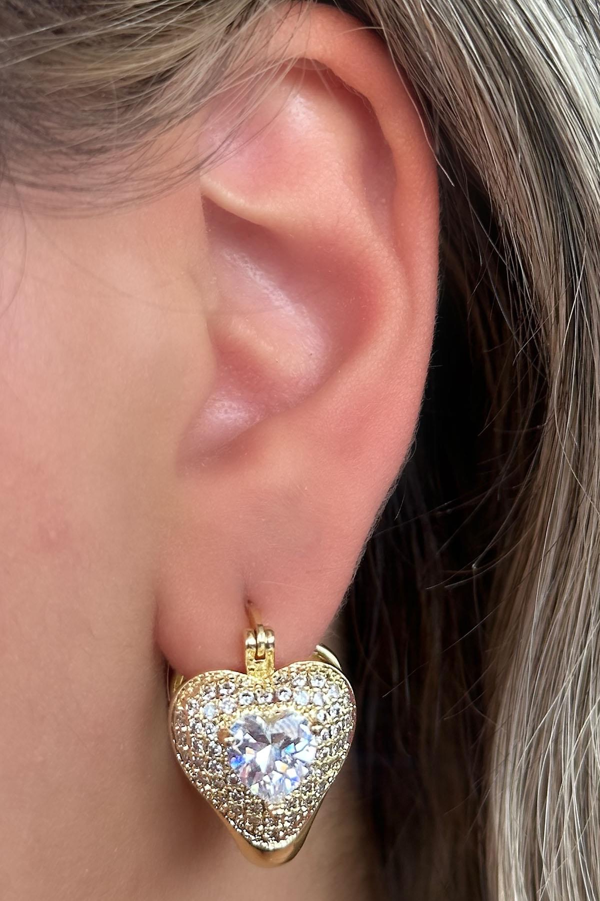 Altın Renk VİP Kalp Taş Detaylı YSX Küpe (Çift)