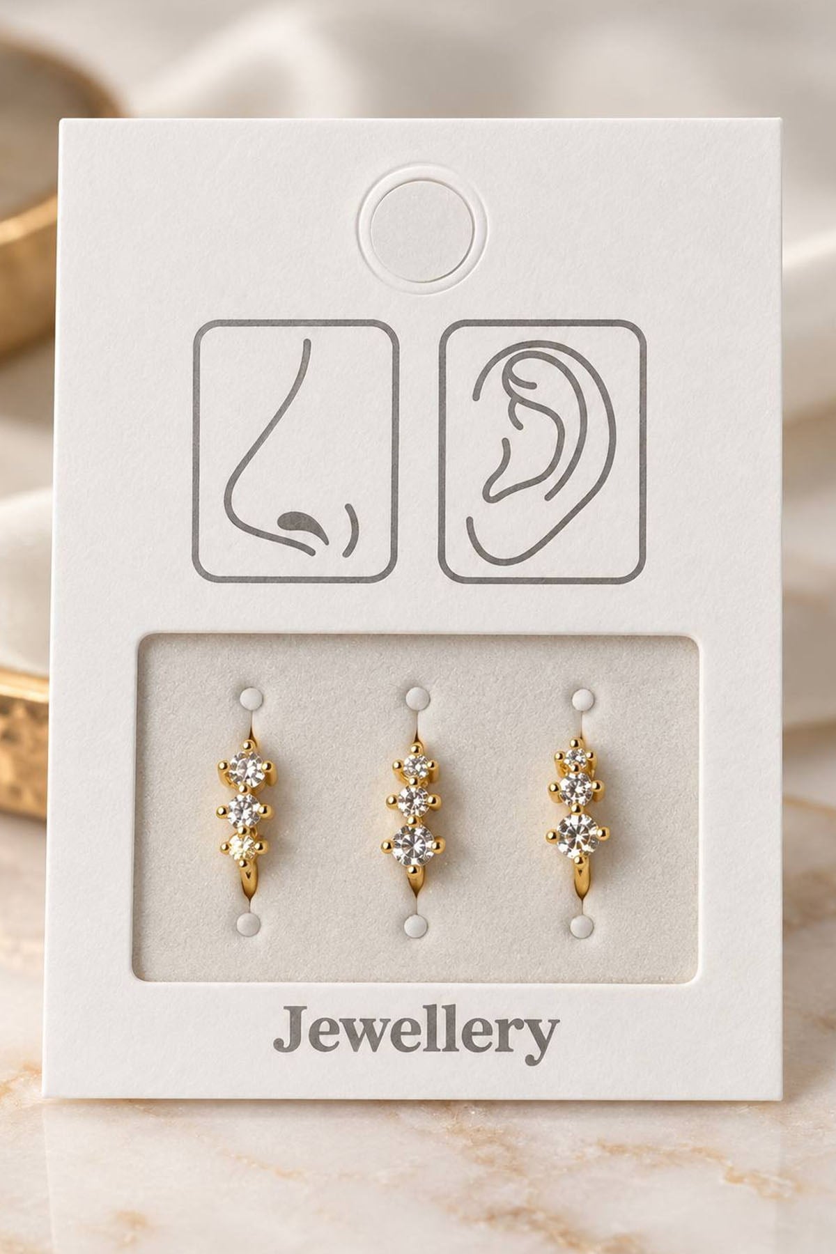 Altın Renk Taşlı Deliksiz Kulak/Burun 3'lü Piercing Set