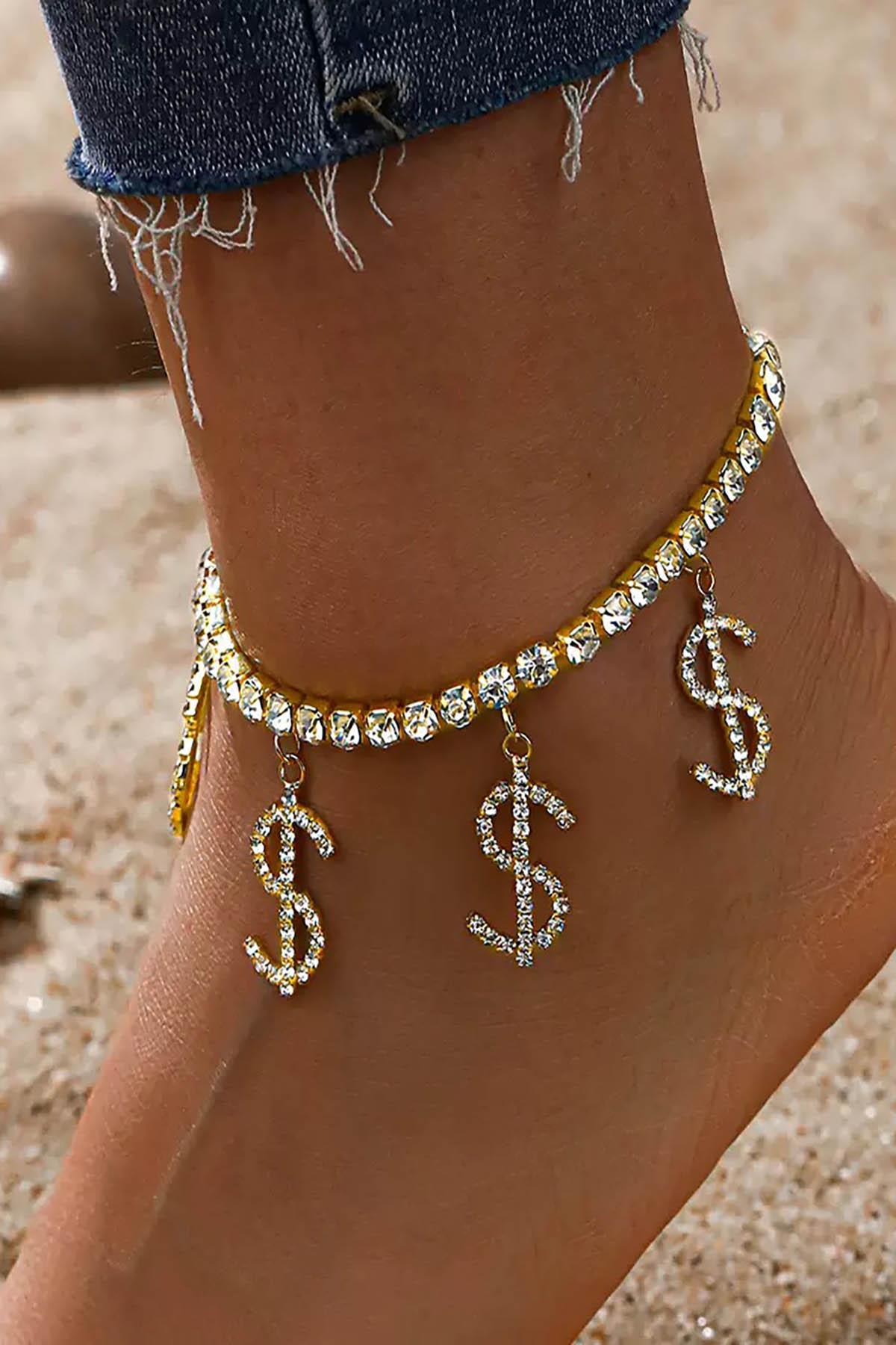 Altın Renk Dolar Figürlü Taş Detaylı Tasarım Halhal