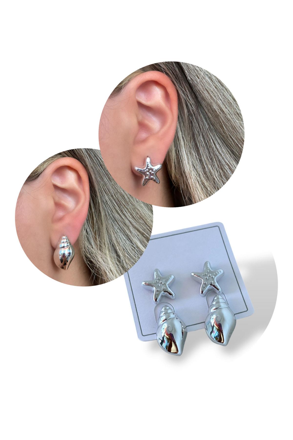 Gümüş Renk Deniz Kabuğu Ve Yıldız Figürlü Küpe Set