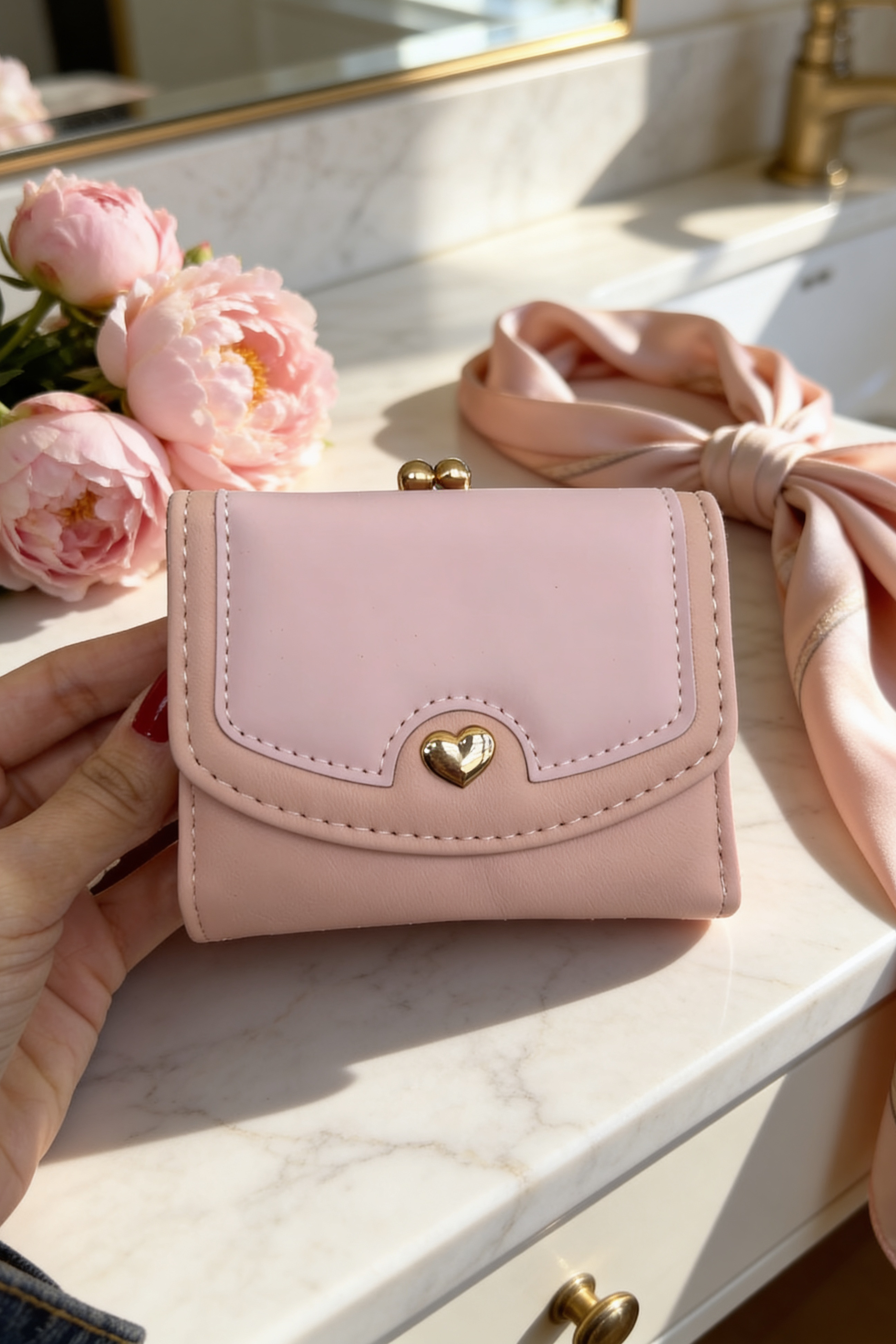 Pudra Pembe Renk Kalp Detaylı Deri Kadın Cüzdan