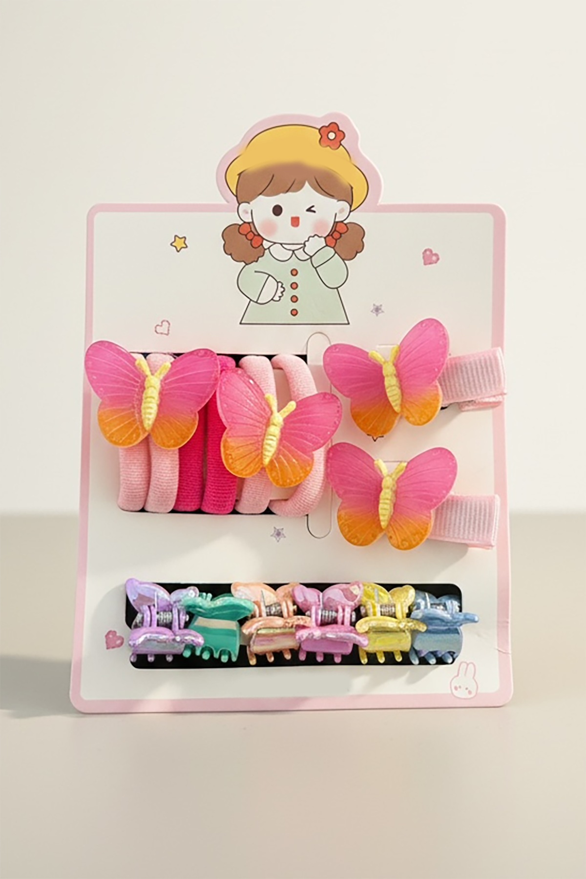 Karışık Renk Kelebek Figürlü Lastik Toka Ve Yan Toka Set