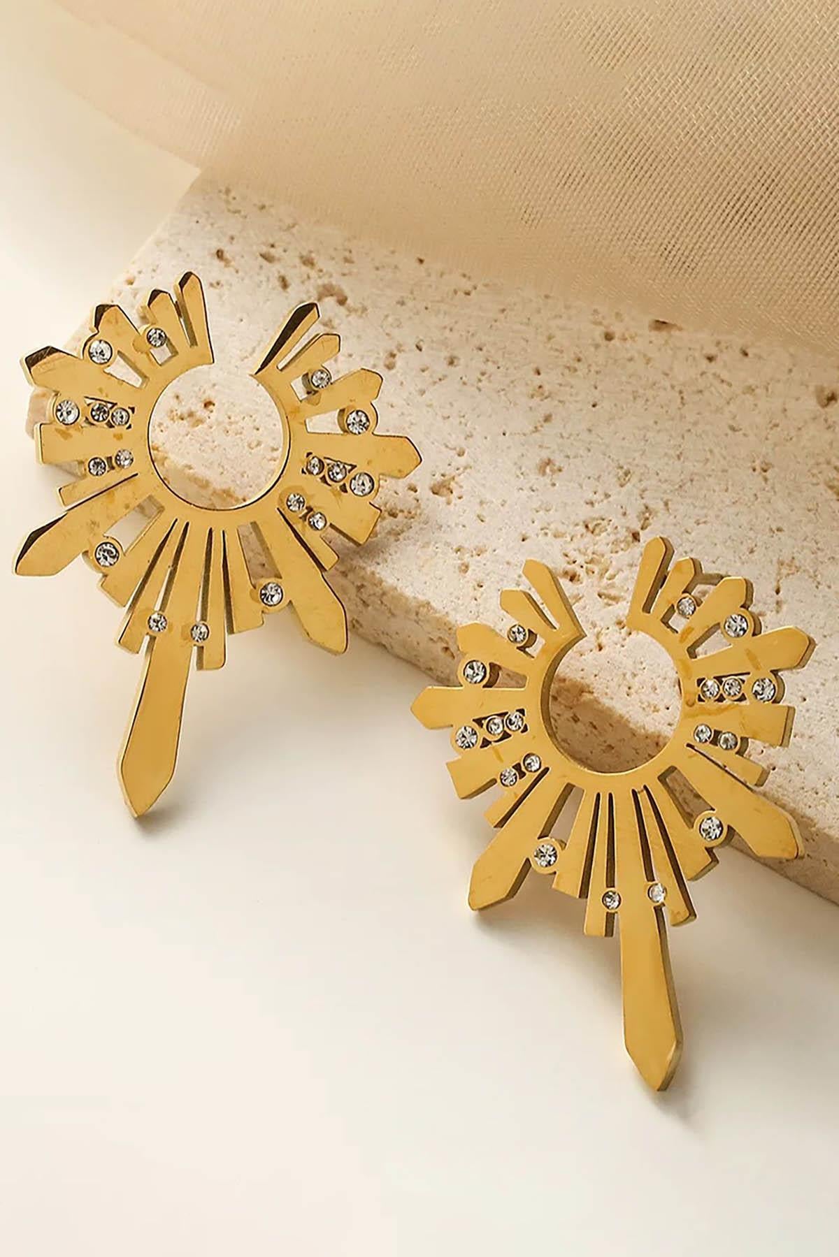 Altın Renk Taş Detaylı Çelik Küpe (Çift)