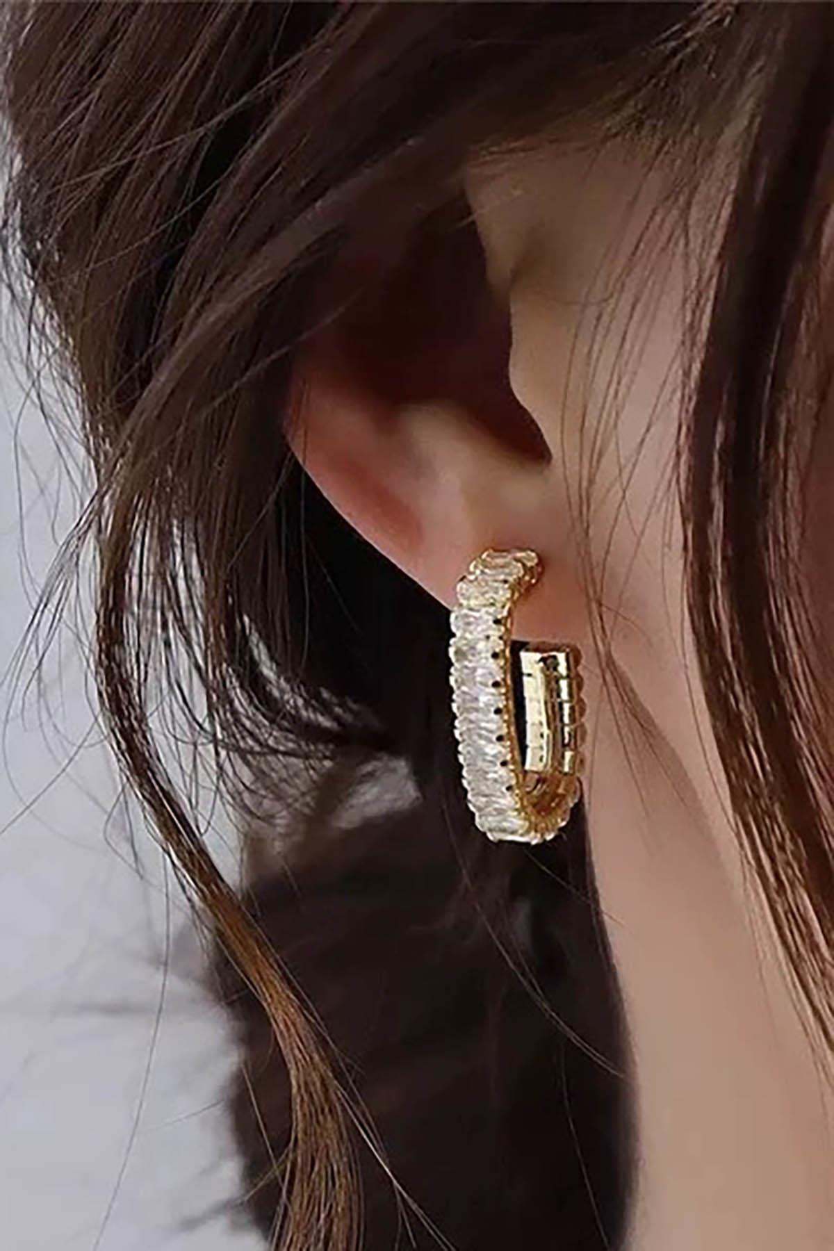 Altın Renk Taş Detaylı 14K Altın Kaplama TX Küpe (Çift)