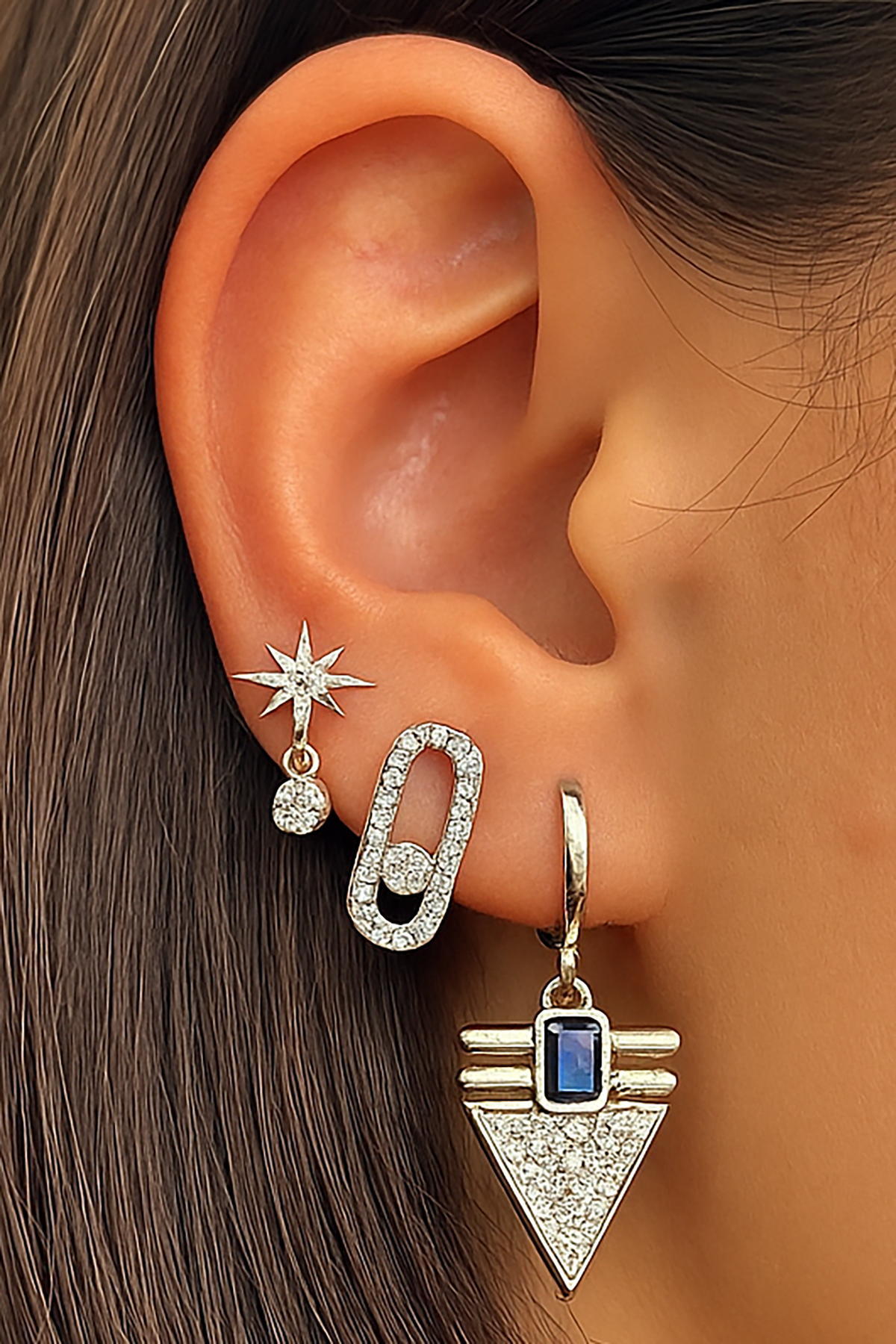 Gümüş Renk Taş Detaylı 3'lü YSX Küpe Set