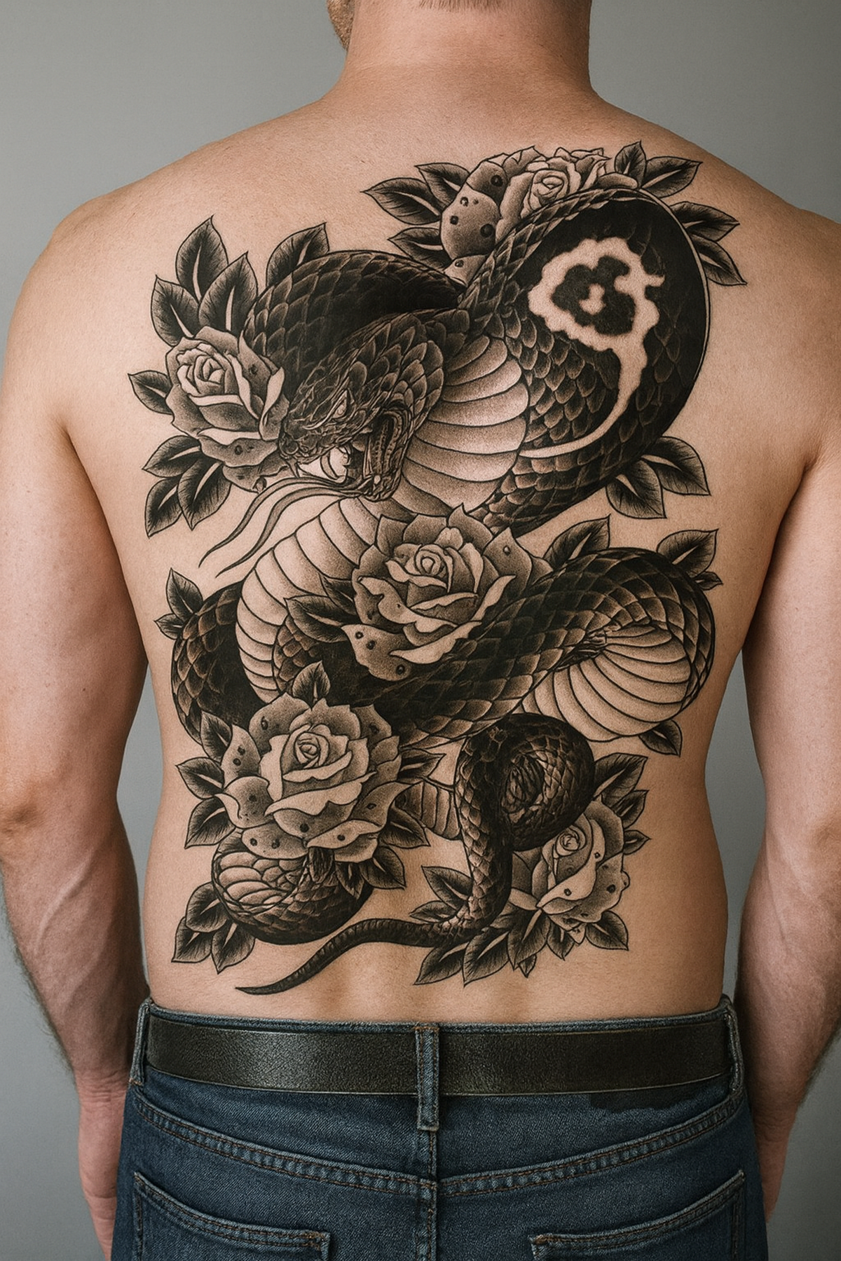 Geçici Yılan ve Gül Modelli Sırt Dövme Tattoo