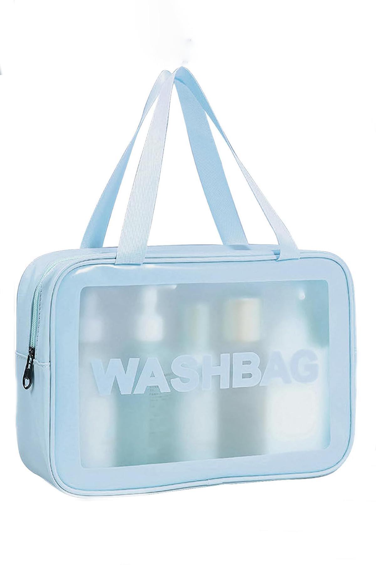 Mavi Renk Washbag Yazılı Su Geçirmez Büyük Boy Makyaj Çantası