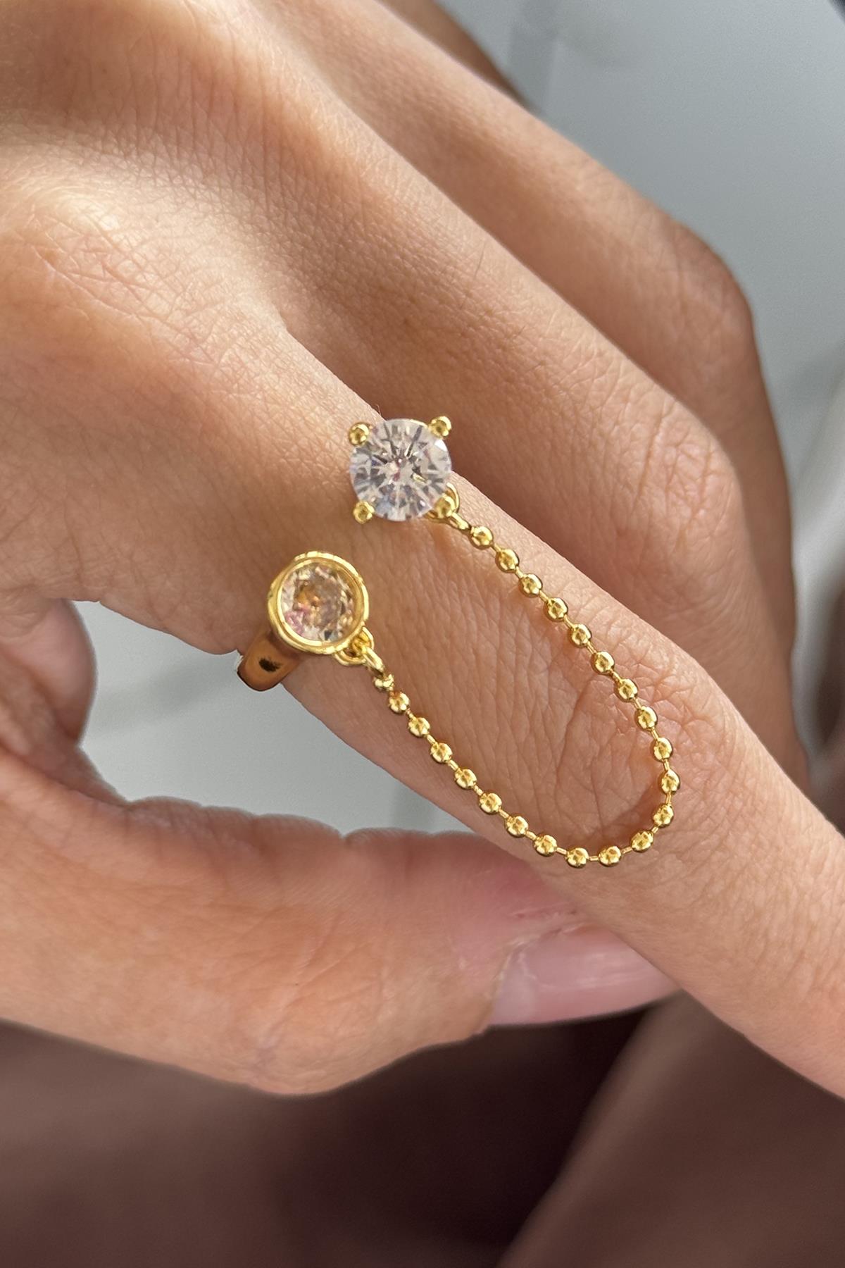 Altın Renk Taş Detaylı Sallantılı Ayarlanabilir Yüzük