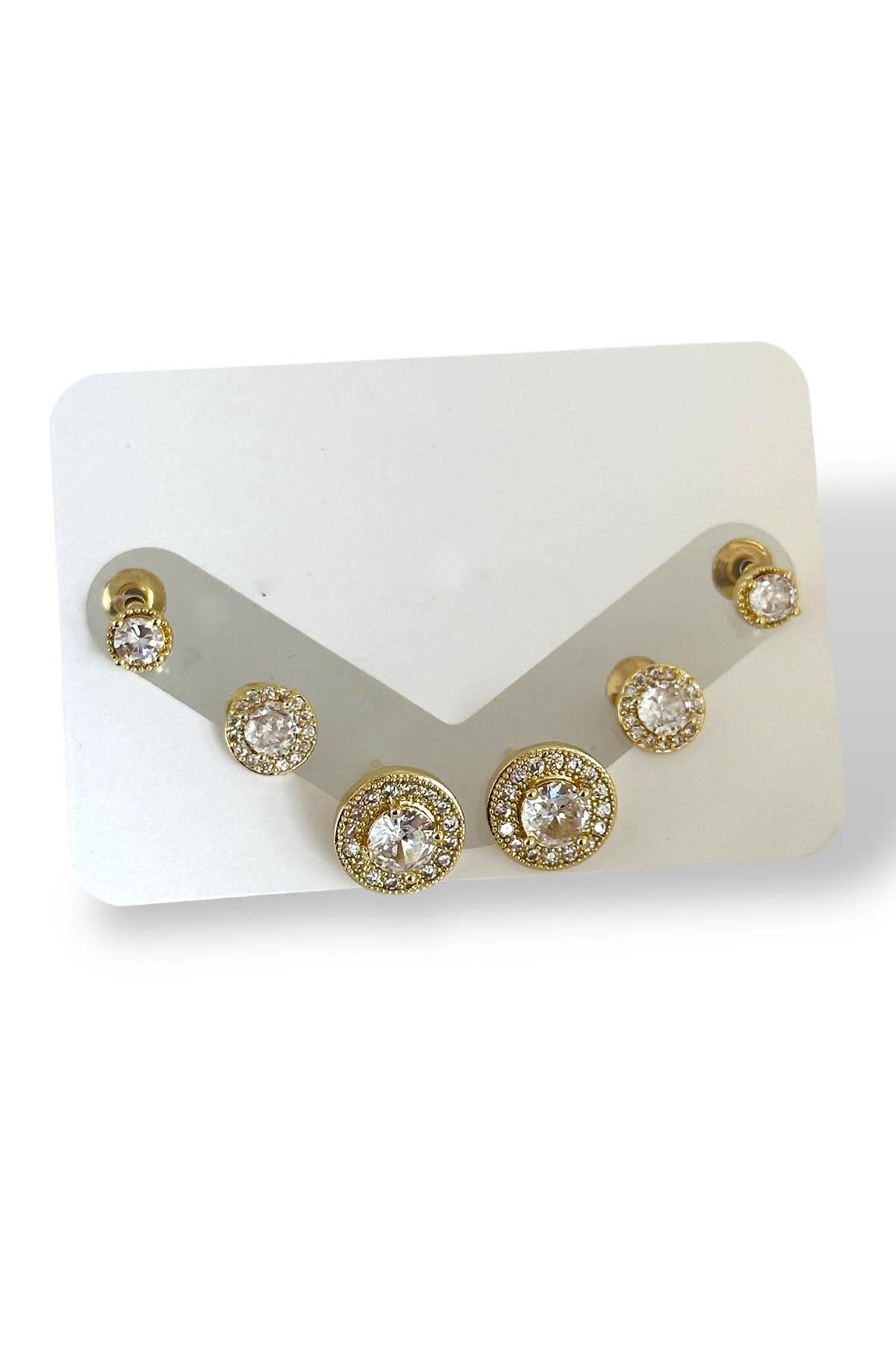 Altın Renk Taş Detaylı 6'lı Küpe Set