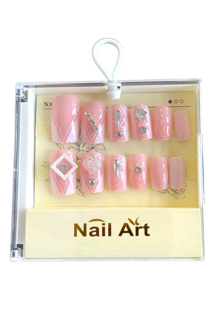 Pembe Renk 12'li Taş Detaylı Takma Tırnak Set (Yapıştırıcılı)