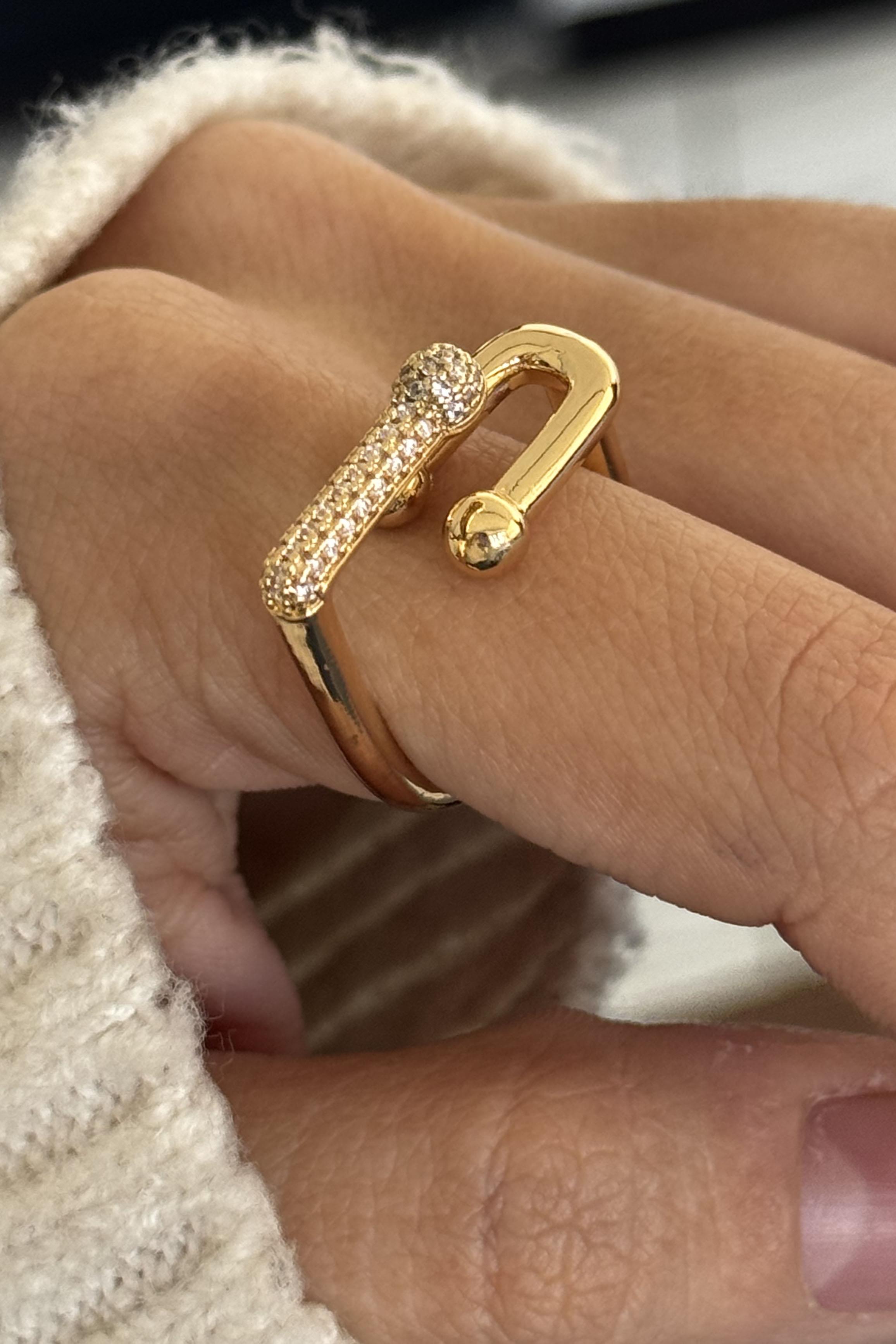 Altın Renk Taş Detaylı Ayarlanabilir Çelik Yüzük