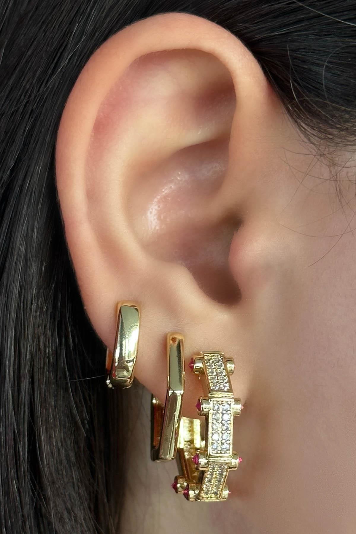 Altın Renk Taş Detaylı 3'lü YSX Halka Küpe Set