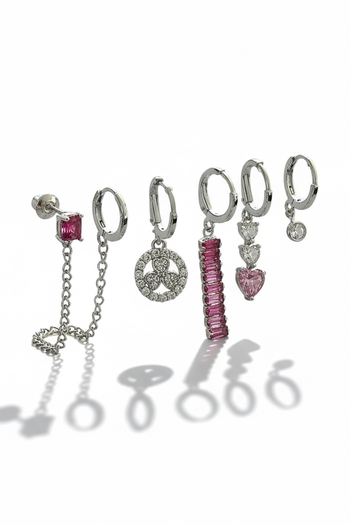 6'lı Gümüş Renk Taş Detaylı Küpe Set