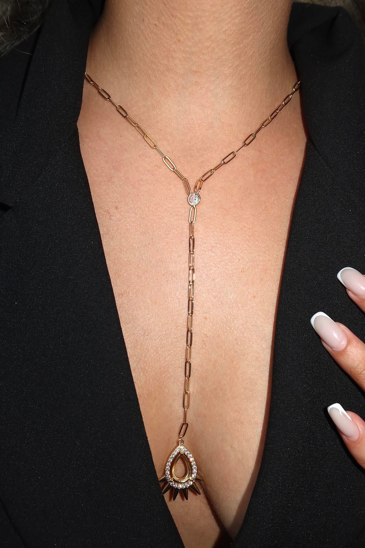 Altın Renk Taş Detaylı Y Kolye