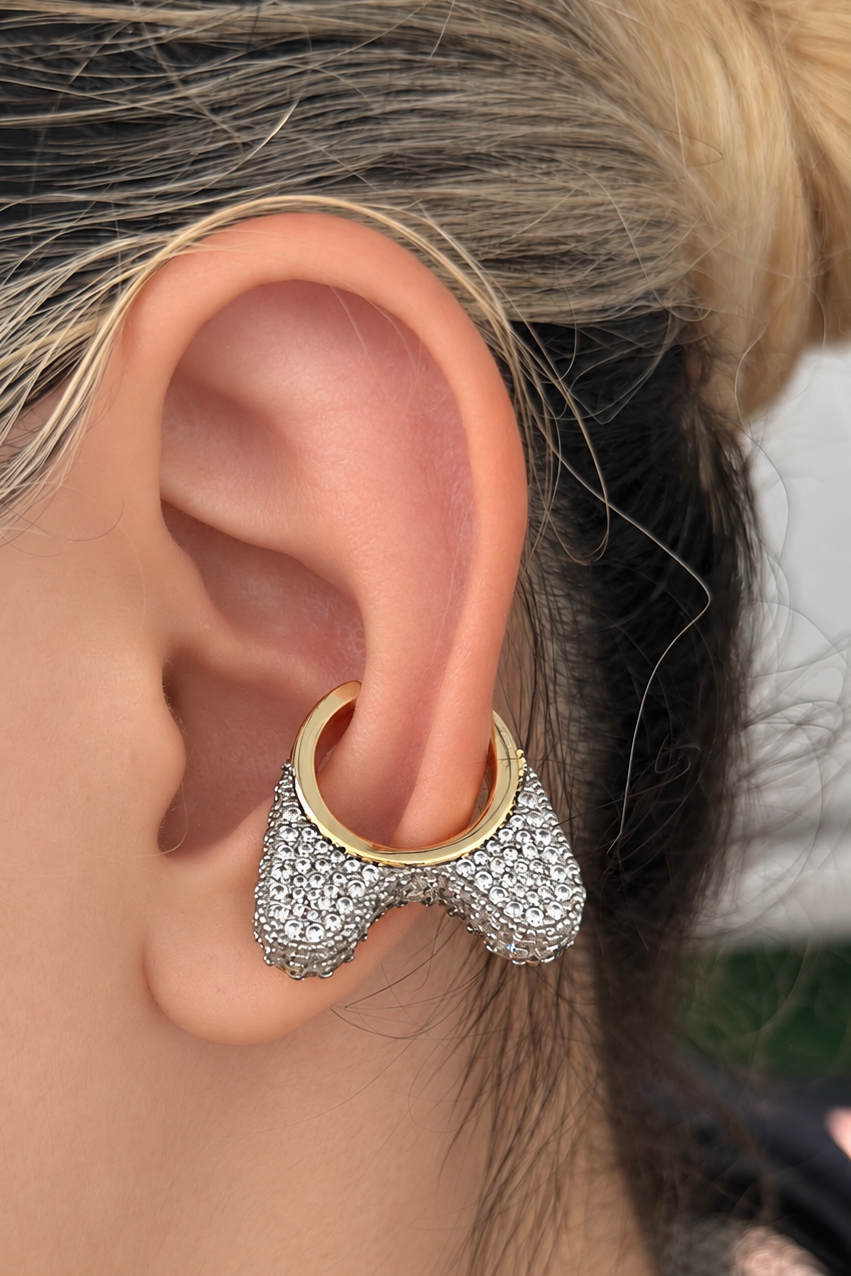 Altın Ve Gümüş Renk Taşlı Tx Ear Cuff  (Tek)
