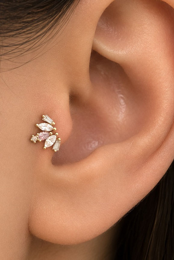 Altın Renk Taşlı Cerrahi Çelik Tragus/Kıkırdak Küpe/Piercing (Tek)