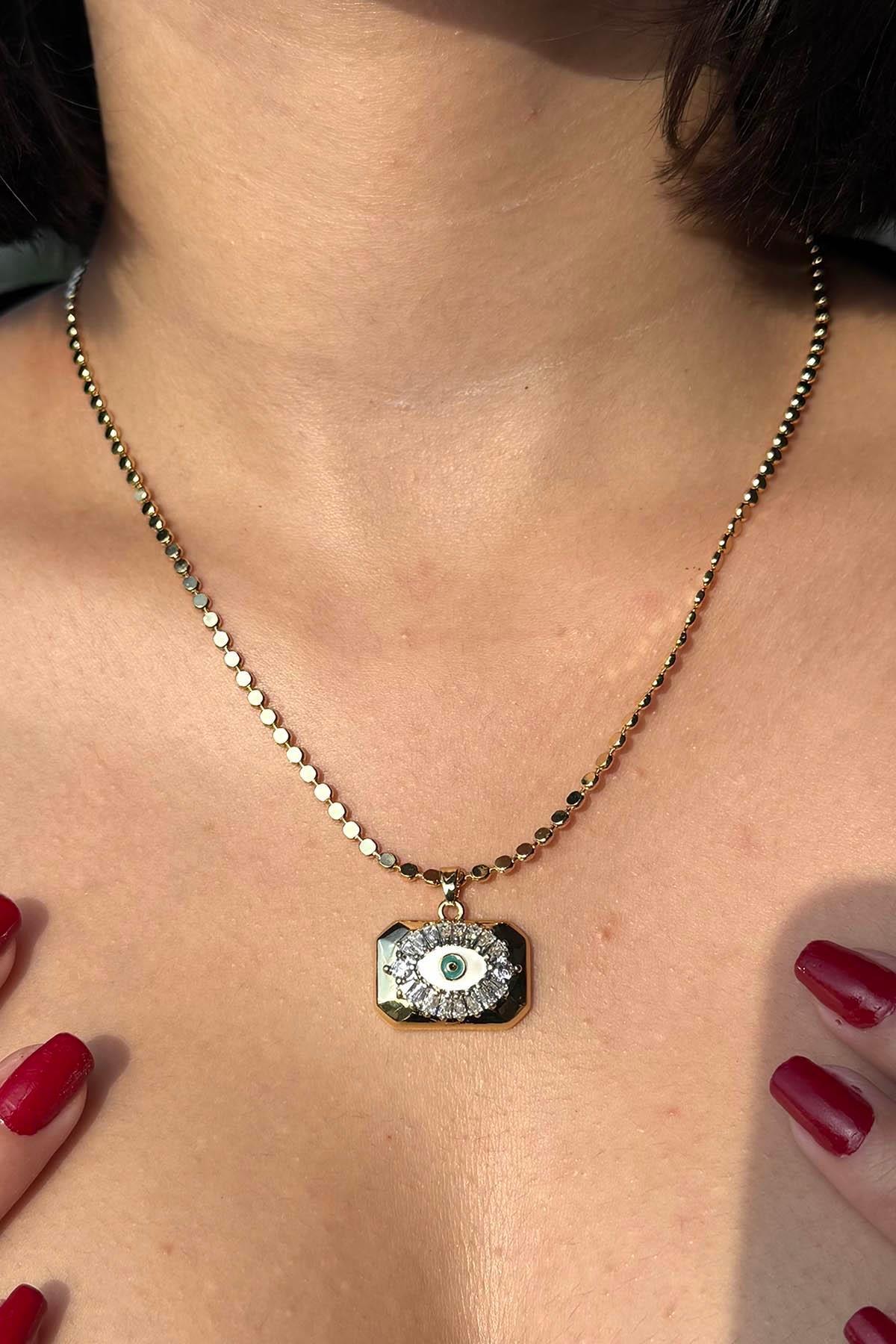 Altın Renk Göz Figürlü Taş Detaylı Ezme Zincirli 14k Altın Kaplama TX Kolye