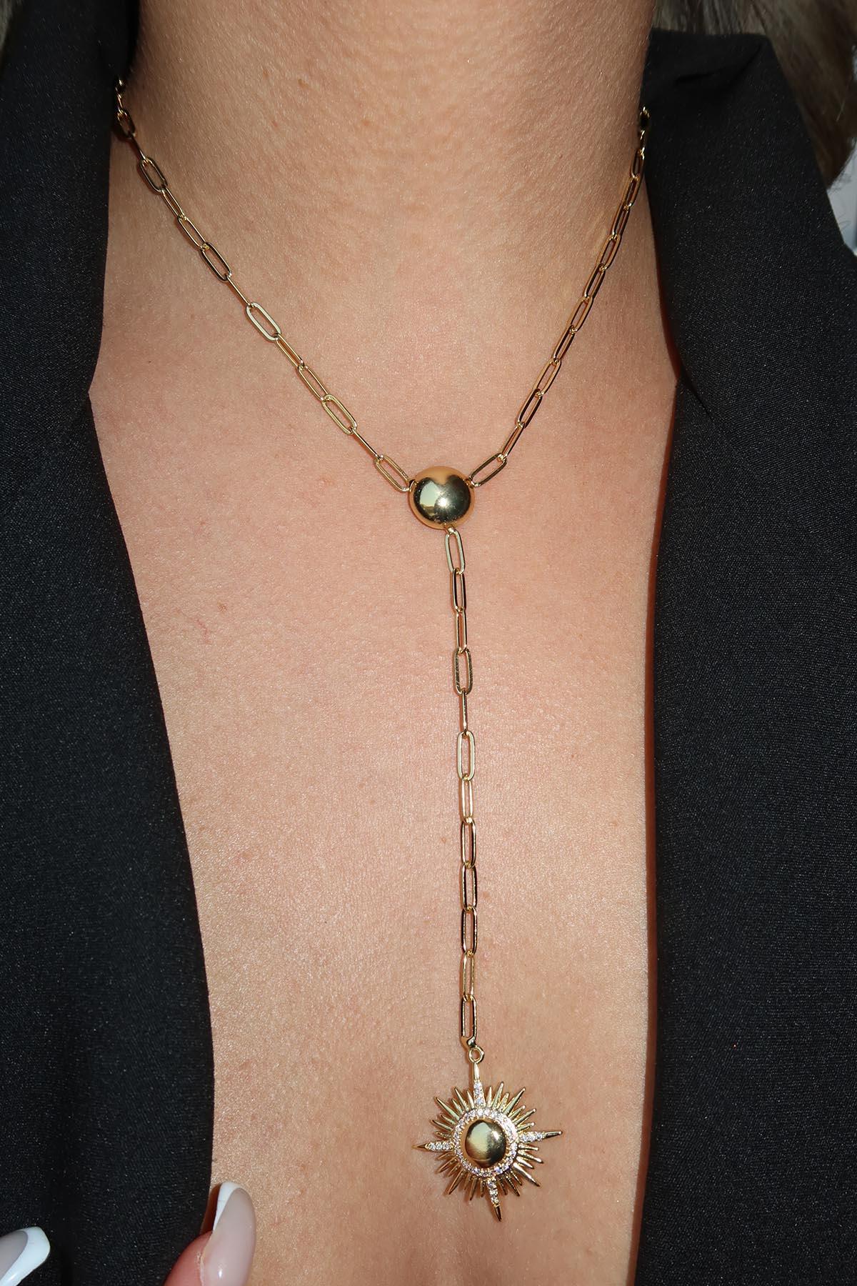 Altın Renk Güneş Figürlü Taş Detaylı Y Kolye