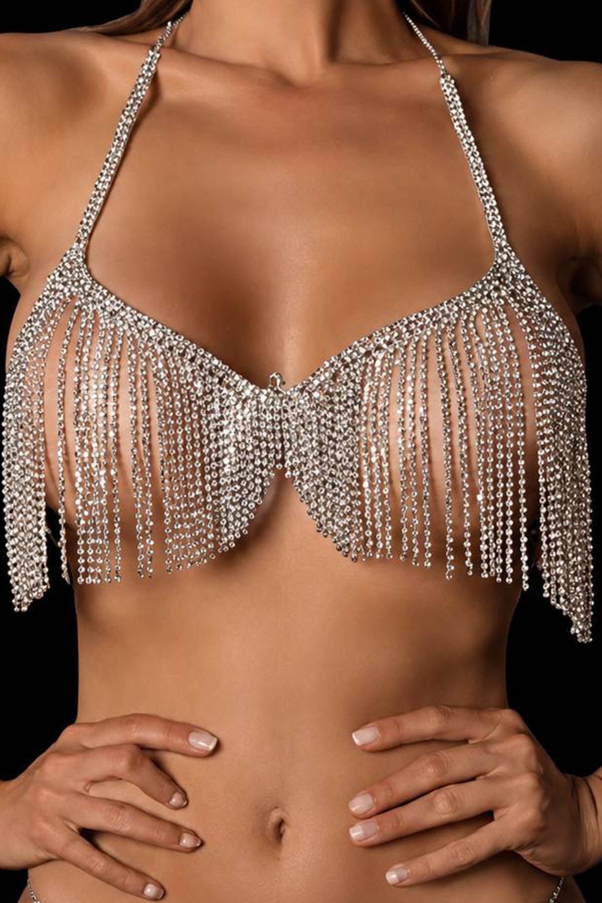 Gümüş Renk Hologram Taş Detaylı Bikini Üstü /Bralet /Vücut Aksesuarı