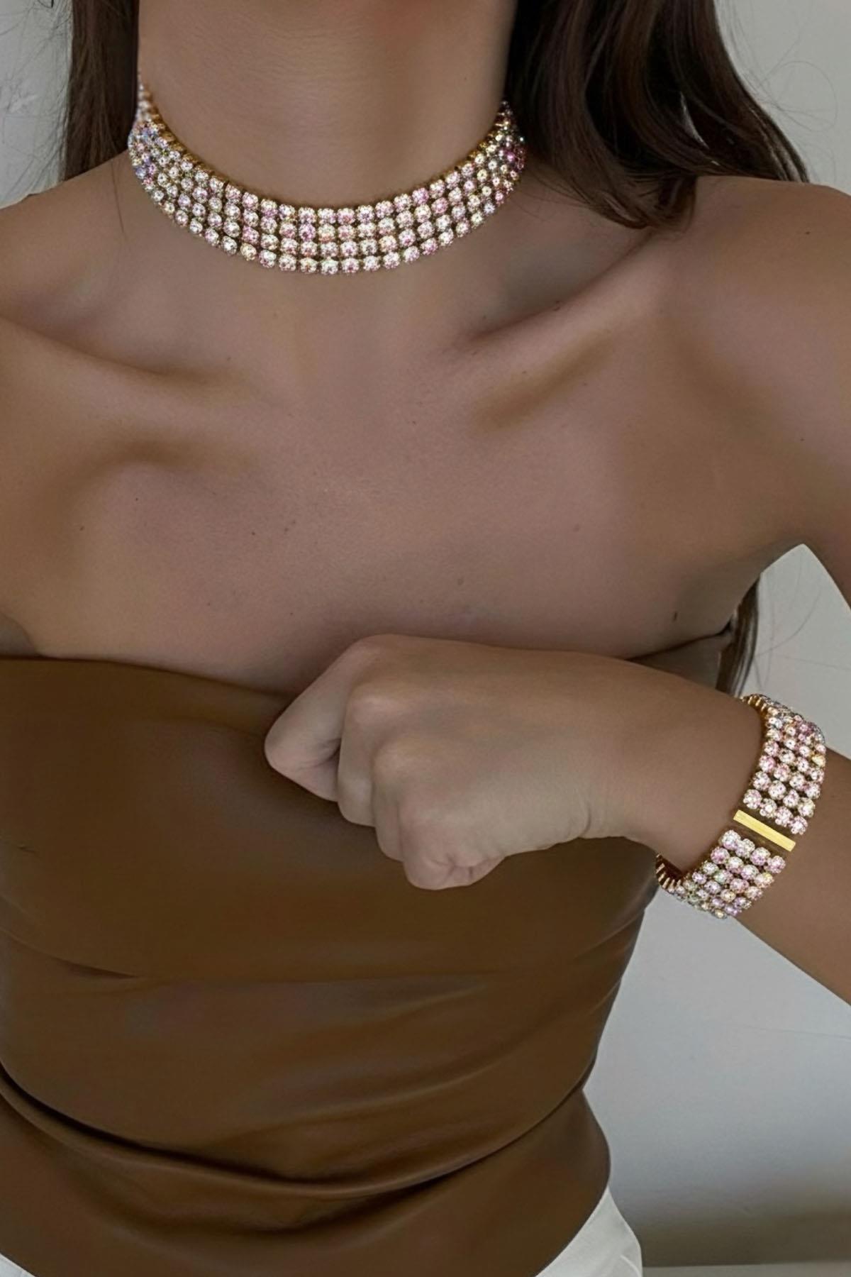 Altın Renk Taş Detaylı Choker Kolye Ve Bileklik Set