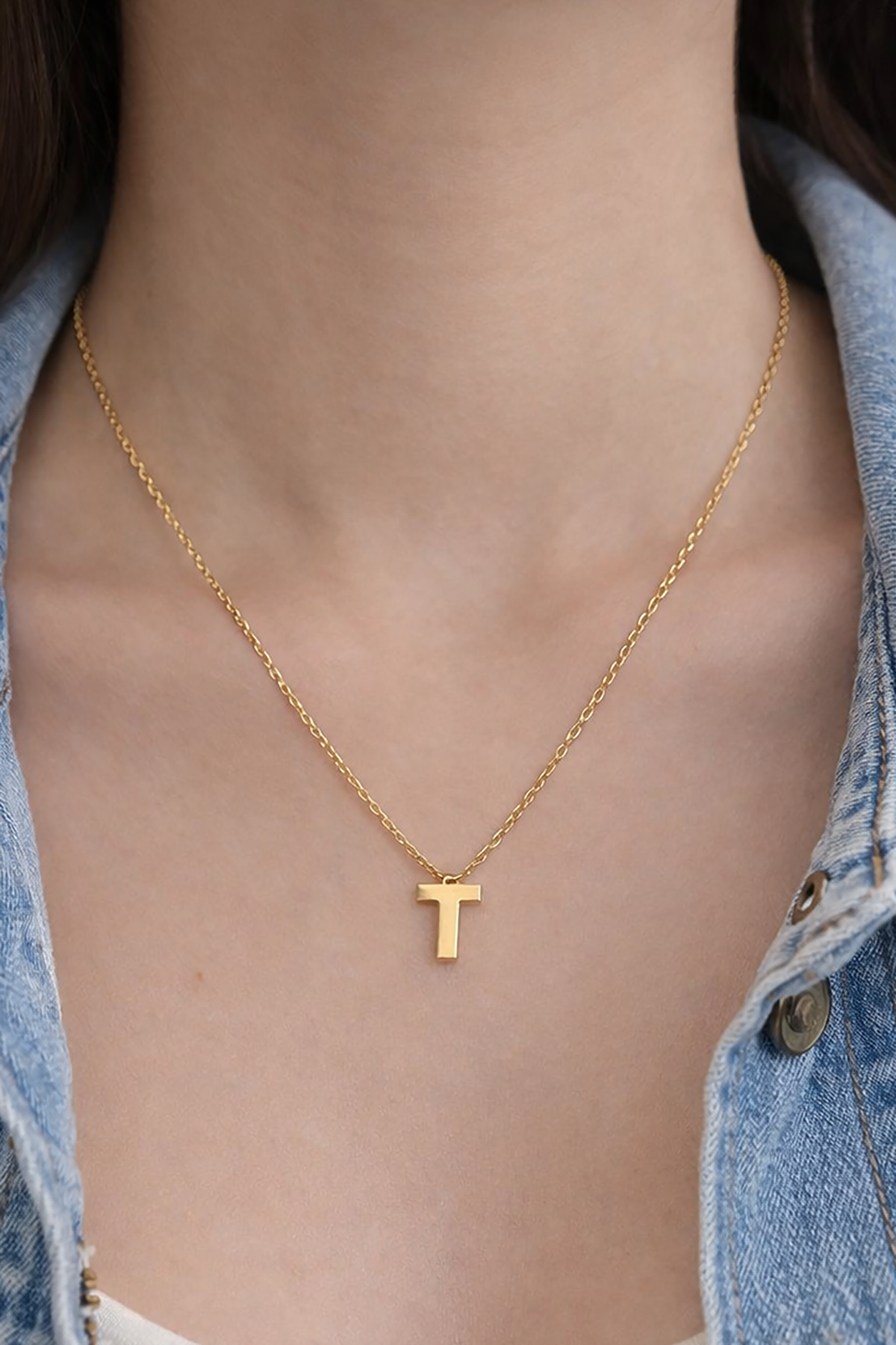 Altın Renk T Harf Çelik Kolye