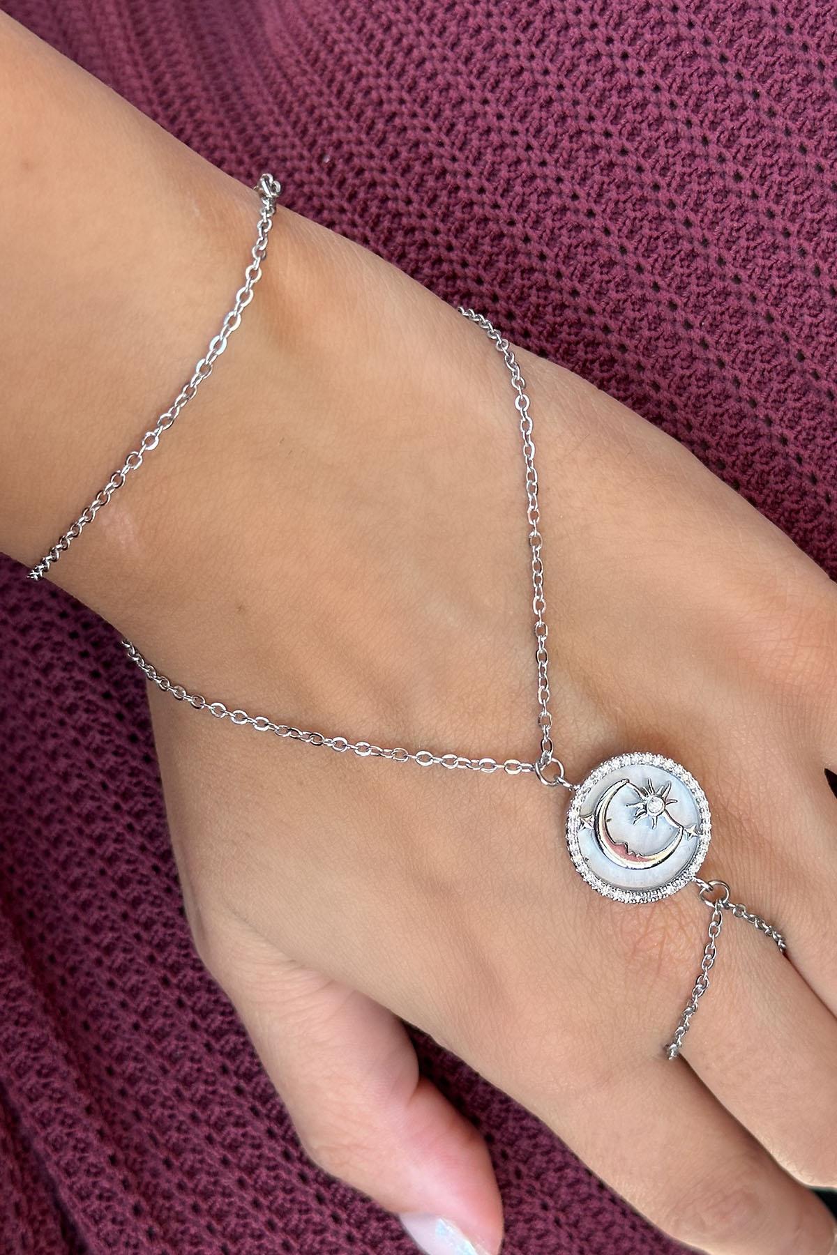 Gümüş Renk Ay Ve Yıldız Figürlü Taş Detaylı Çelik Şahmeran