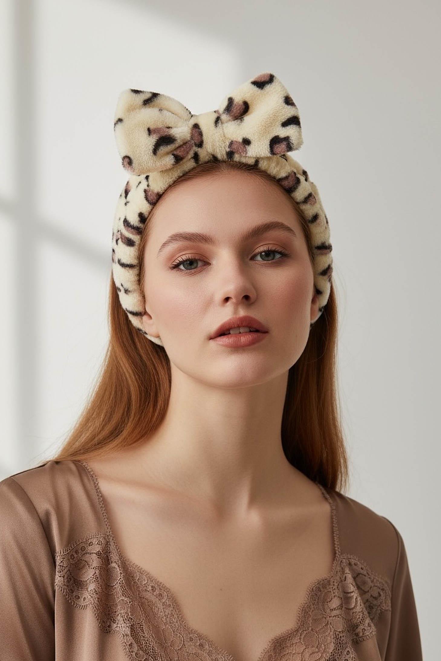 Krem Ve Kahve Renk Kurdele Figürlü Leopar Desenli Peluş Saç Bandı