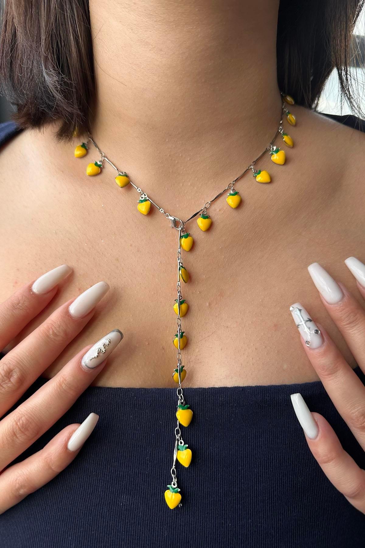 Gümüş Renk Sarı Kalp Figürlü Çelik Y Kolye