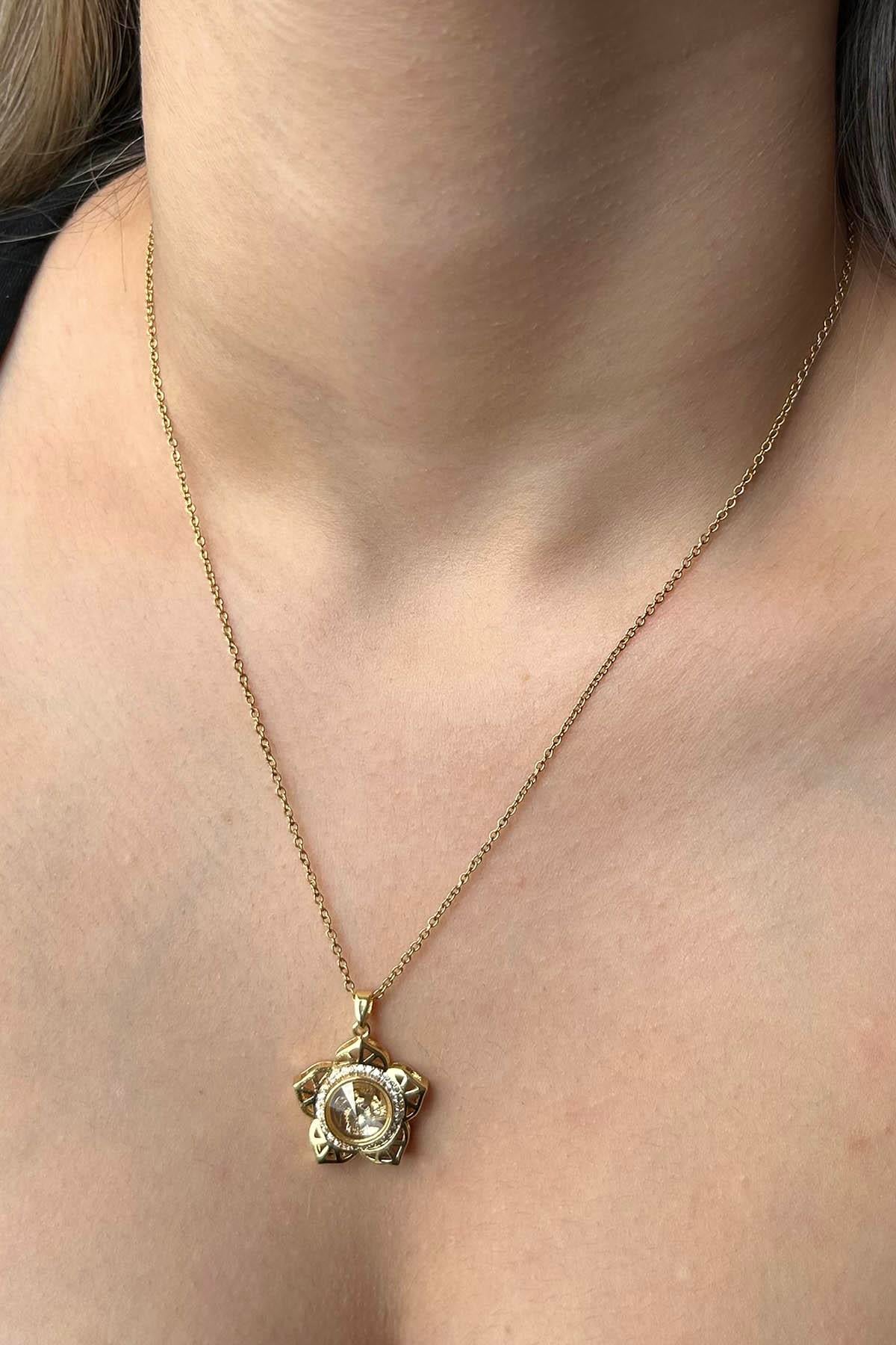 Altın Renk Çiçek Figürlü İçi Dönen Çelik Kolye