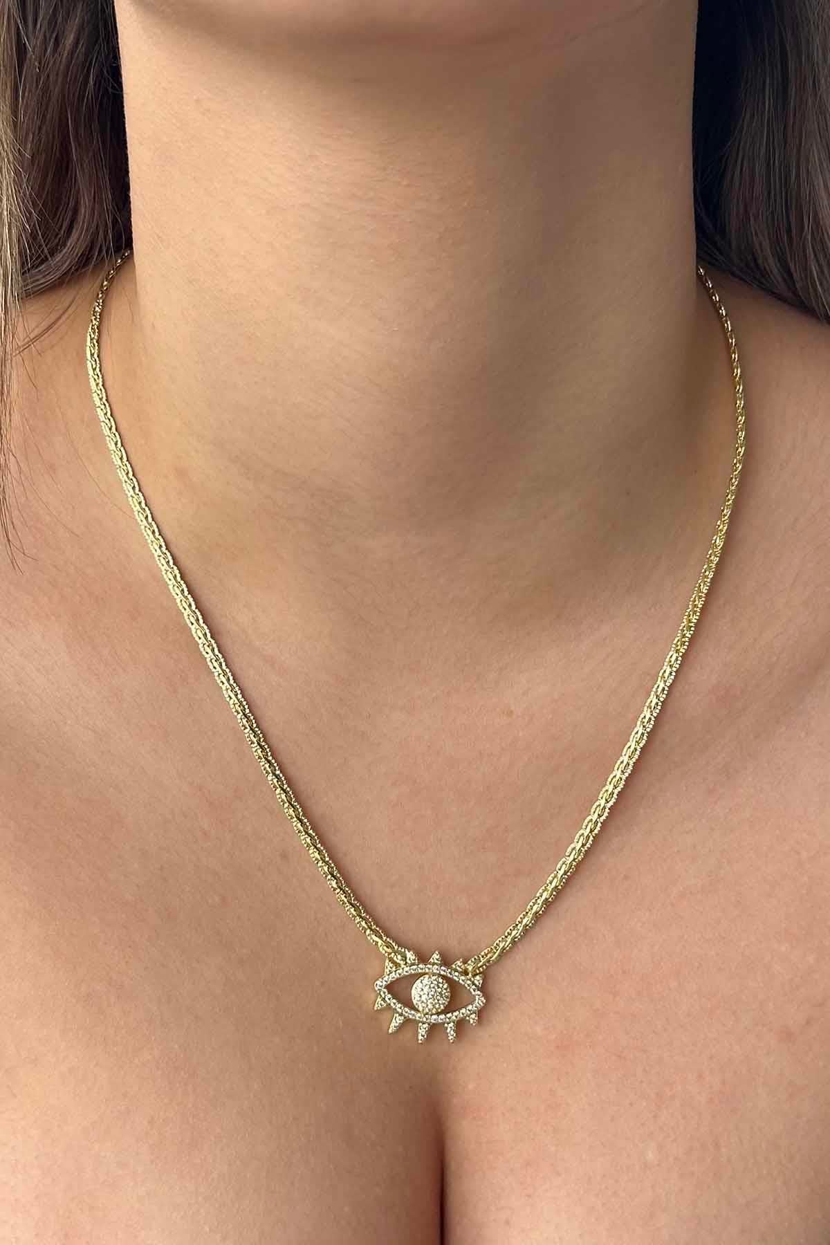 Altın Renk Göz Figürlü 14K Altın Kaplama Vip Taşlı Kolye