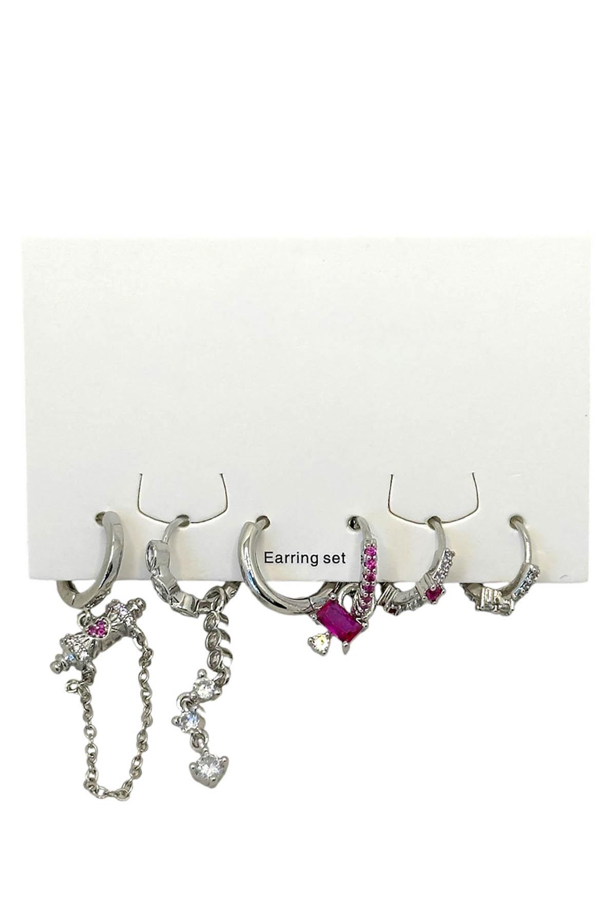 Gümüş Renk Taş Detaylı 6'lı Küpe Set