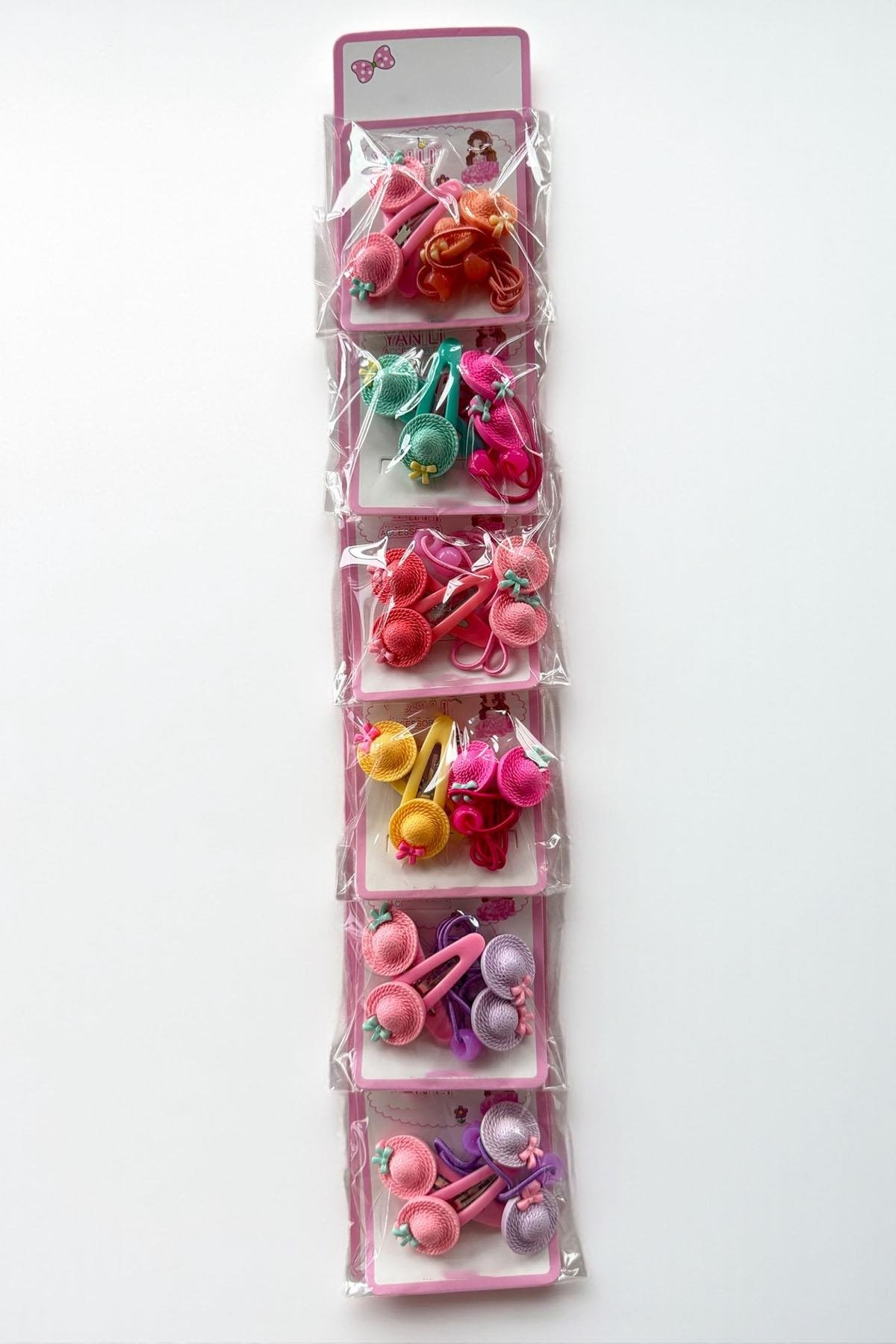 6'lı Karışık Renk Şapka Figürlü Lastik Toka Ve Yan Toka Set 